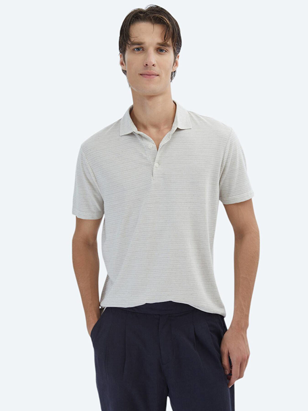 Bej Çizgili Polo Yaka Pamuk Karışımlı T-Shirt