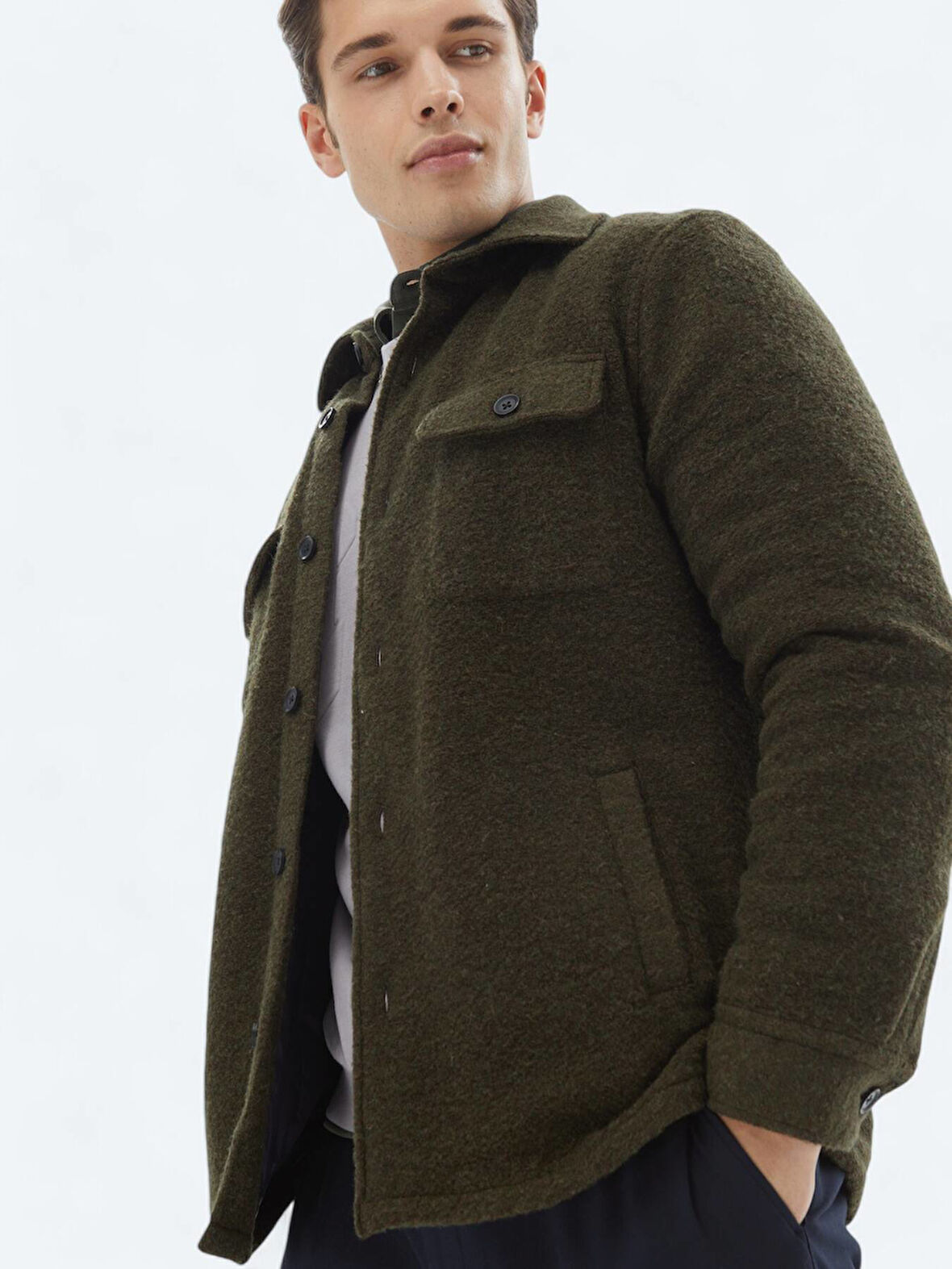 Haki Regular Fit Gömlek Yaka Casual Örme Mont