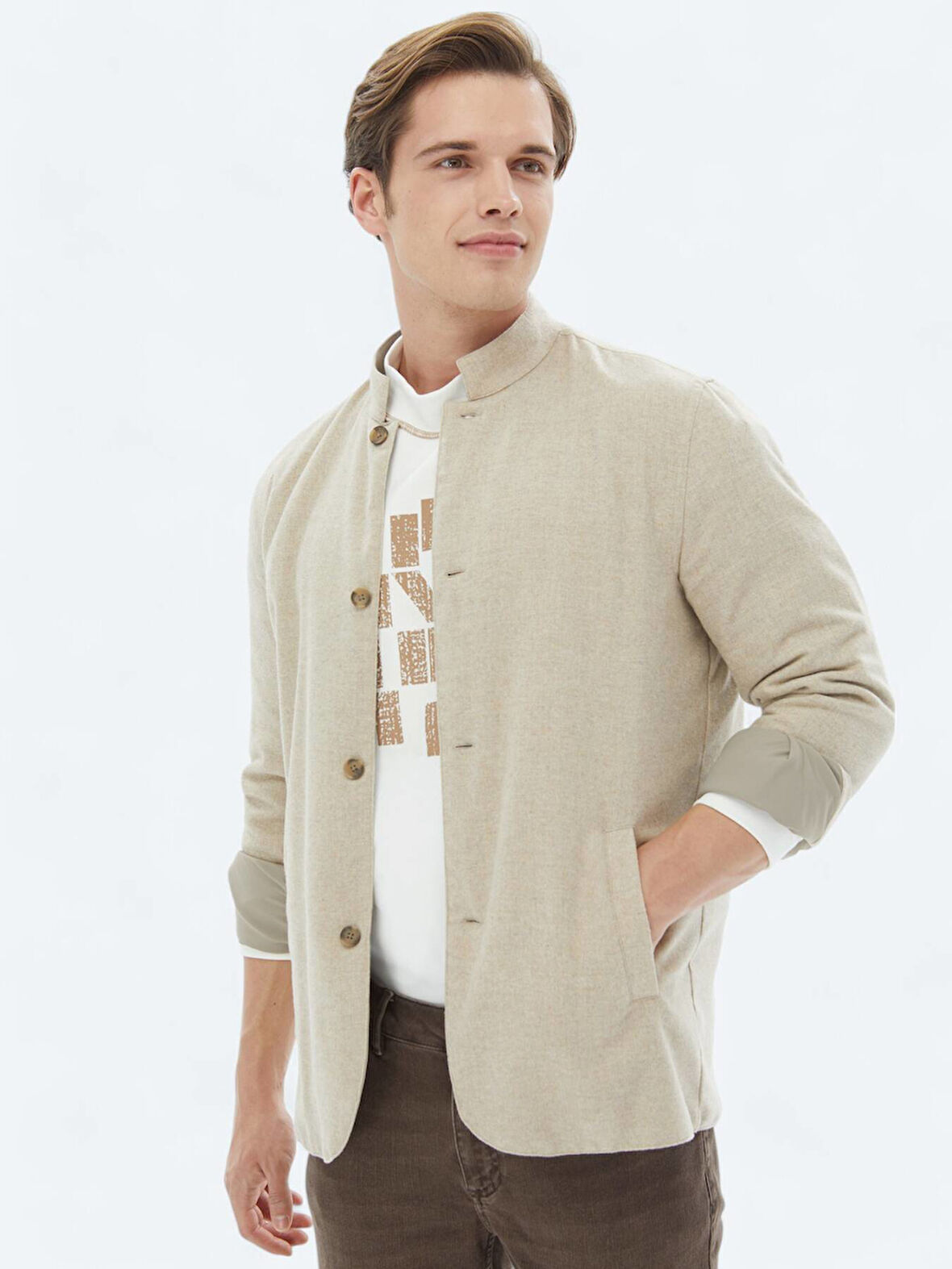 Bej Regular Fit Dik Yaka Casual Dokuma Mont