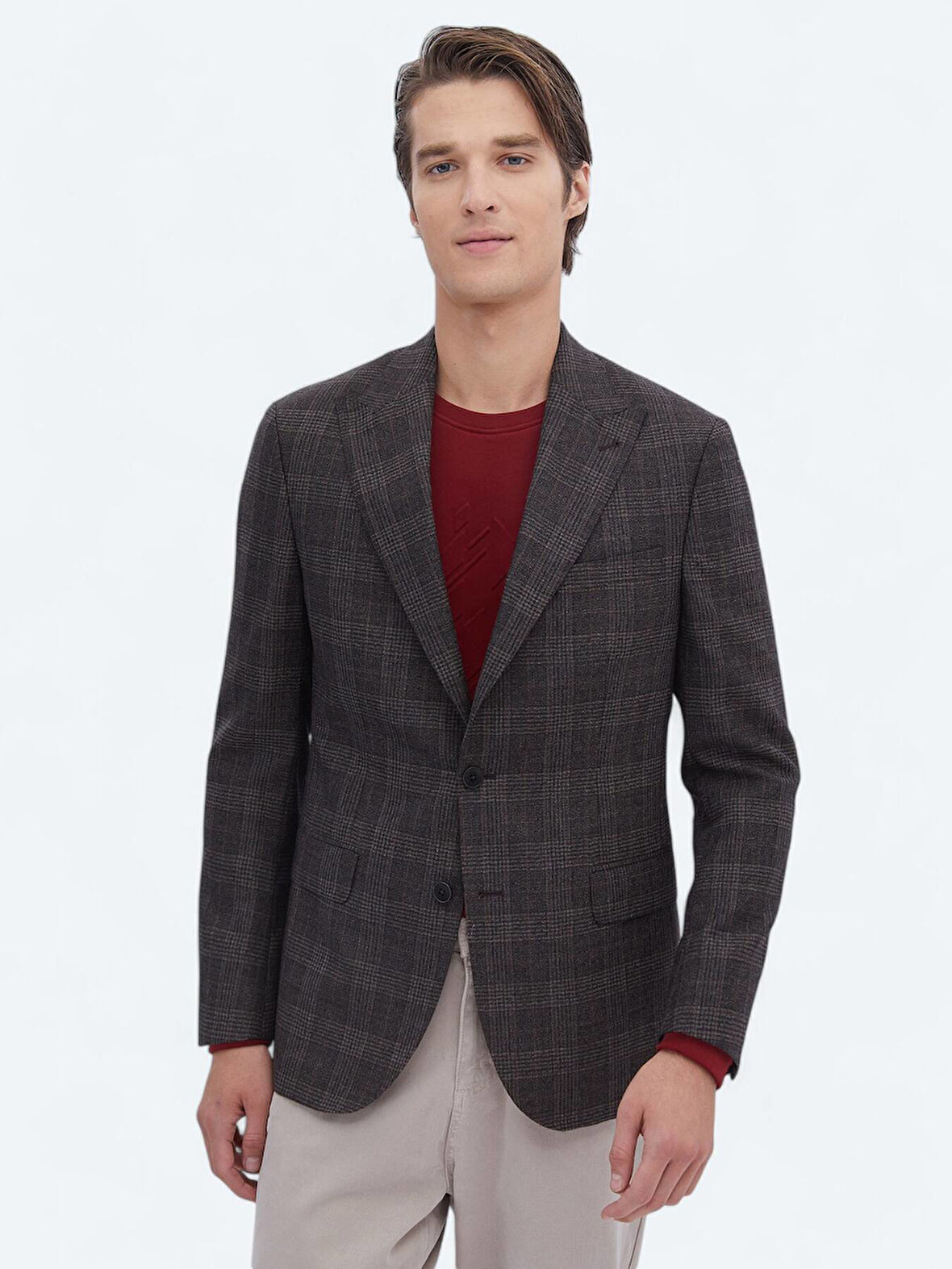 Kahverengi Kareli Slim Fit %100 Yün Ceket