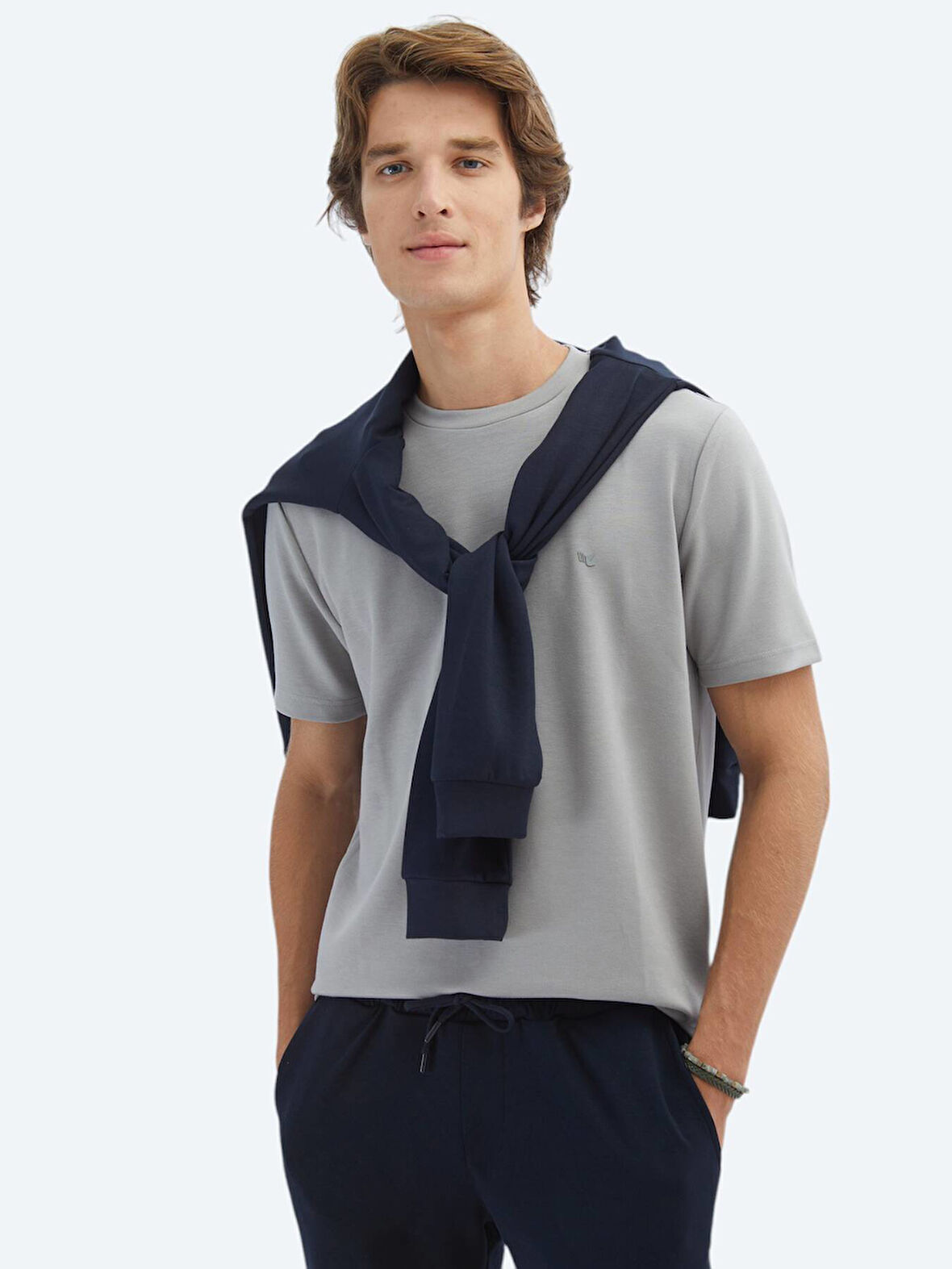Gri Düz Bisiklet Yaka T-Shirt
