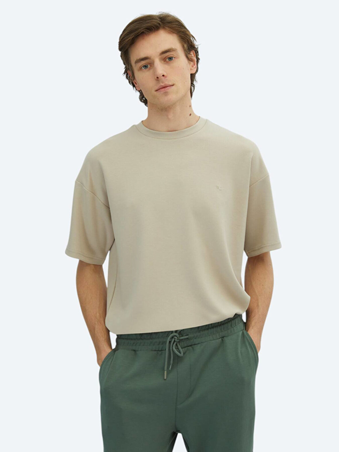 Bej Düz Bisiklet Yaka T-Shirt