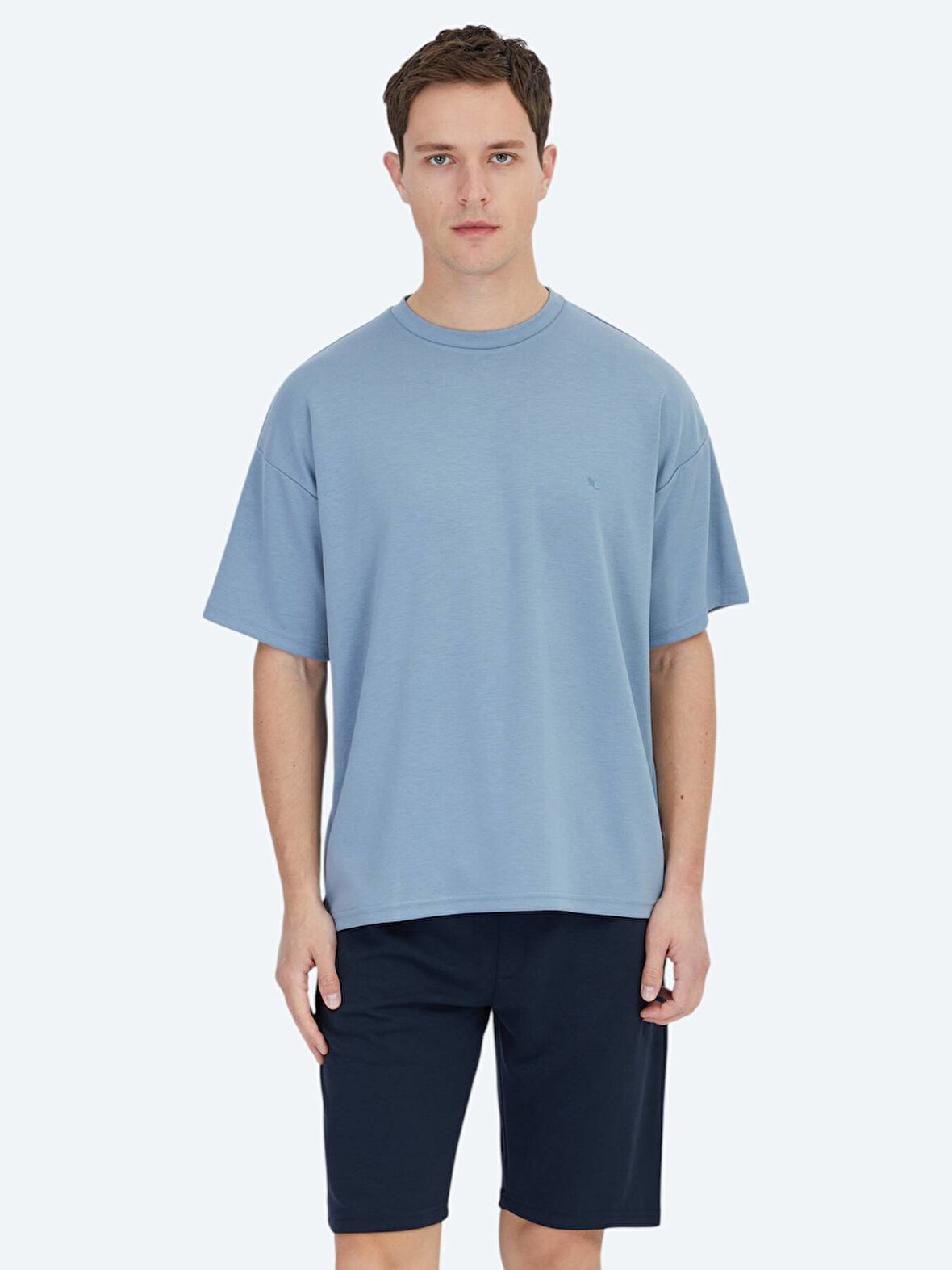 Mavi Düz Bisiklet Yaka T-Shirt