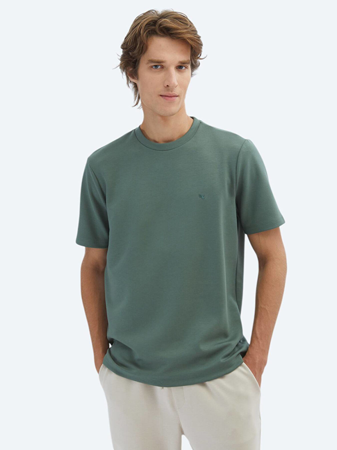 Yeşil Düz Bisiklet Yaka T-Shirt