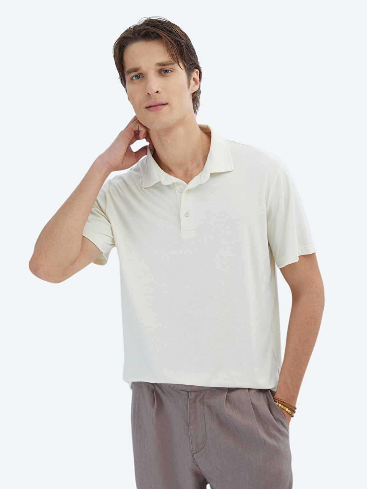 Ekru Düz Çevre Dostu Polo Yaka T-Shirt