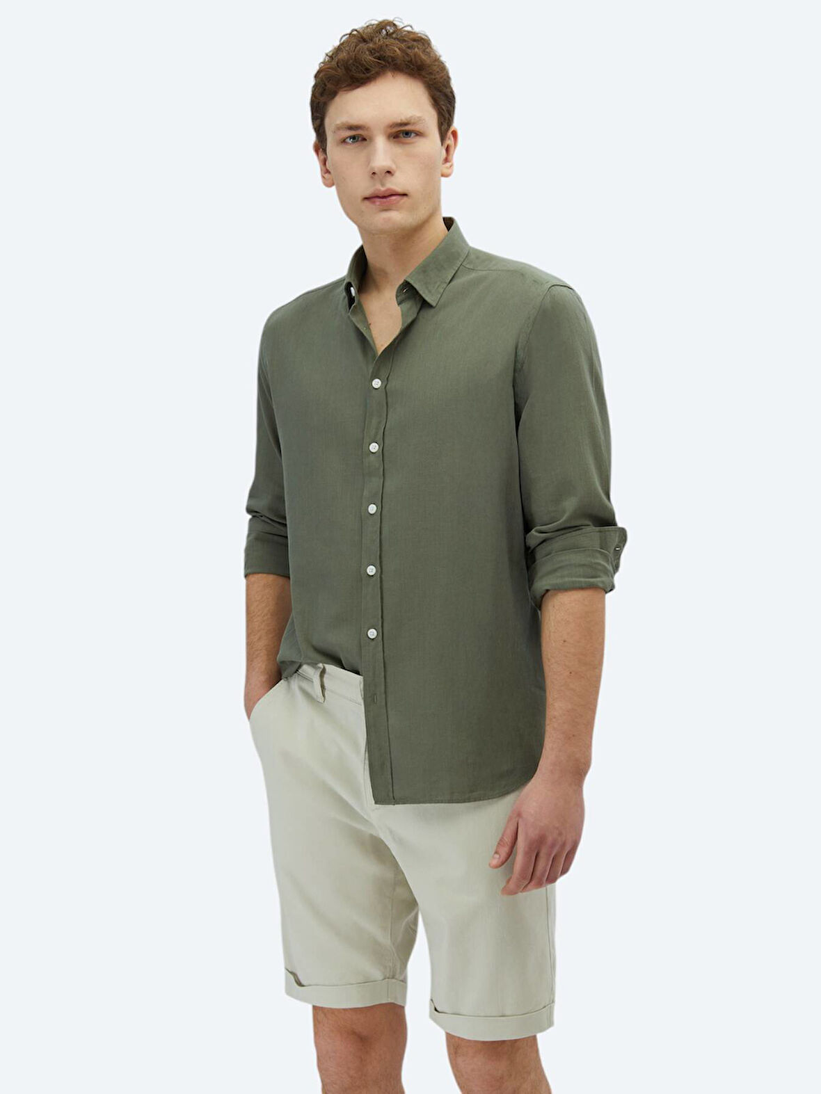 Haki Düz Regular Fit Dokuma Casual %100 Pamuk Gömlek