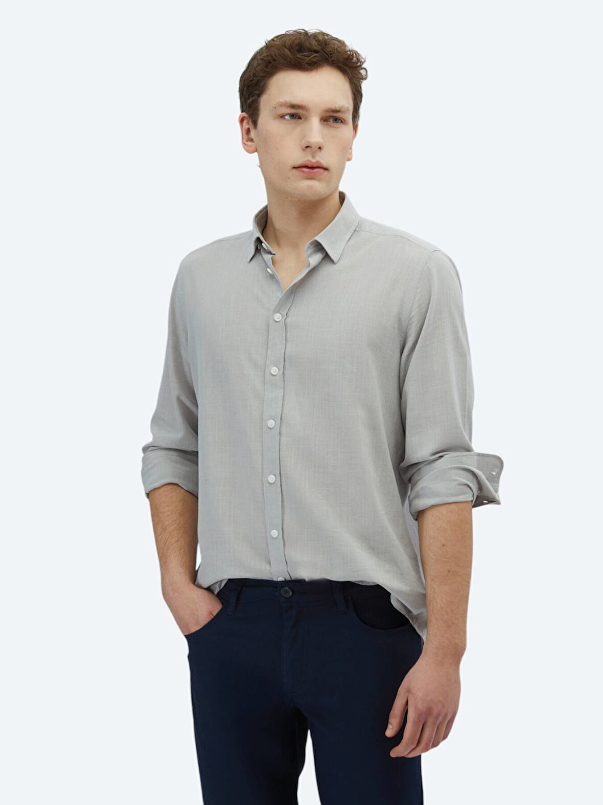 Açık Gri Düz Regular Fit Dokuma Casual %100 Pamuk Gömlek