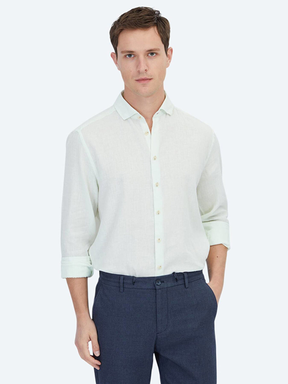 Su Yeşili Düz Regular Fit Dokuma Casual Pamuk Karışımlı Gömlek