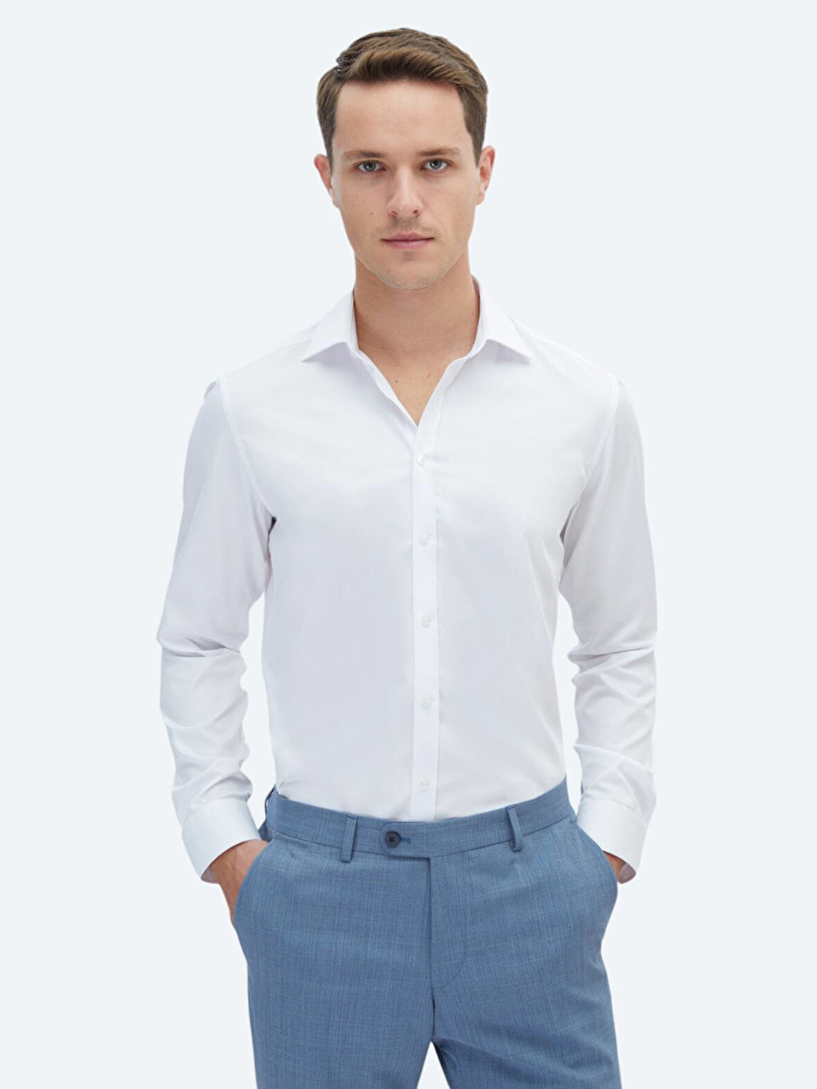 Beyaz Düz Slim Fit Dokuma Klasik %100 Pamuk Gömlek