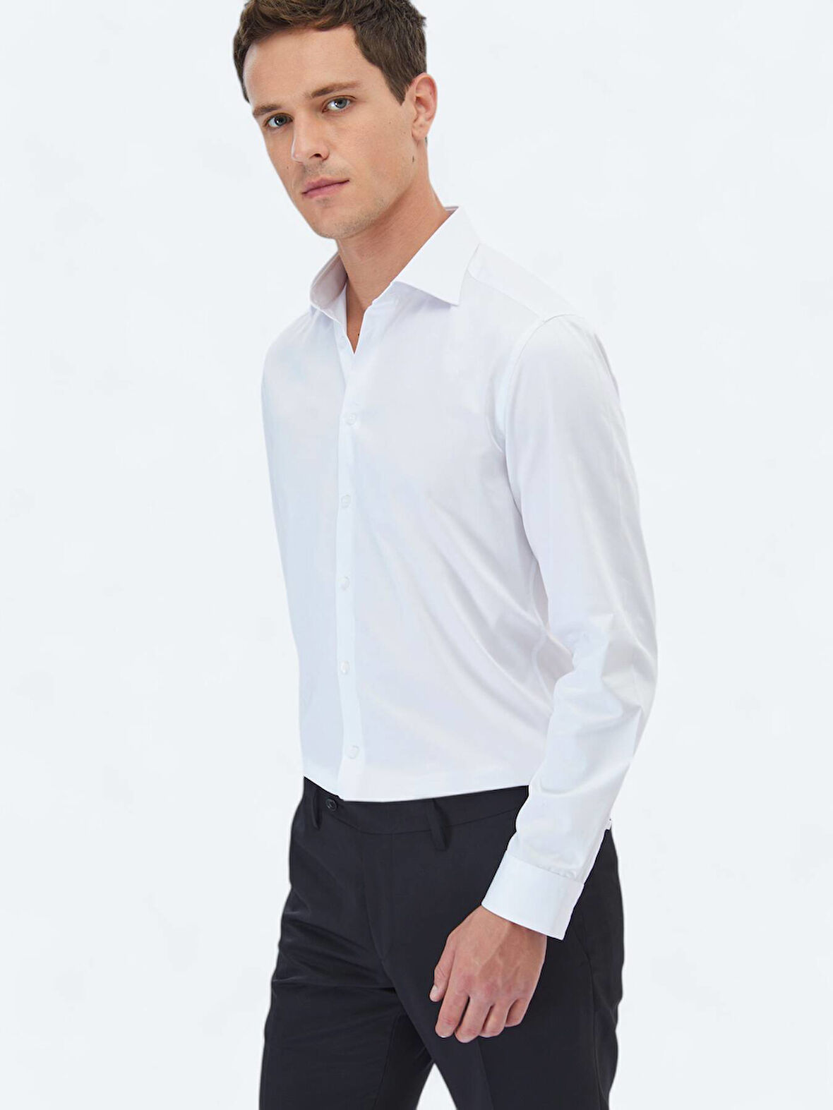 Beyaz Düz Slim Fit Dokuma Klasik %100 Pamuk Gömlek