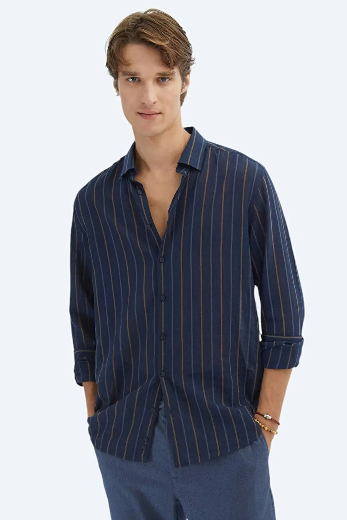 Kip Erkek Çizgili Regular Fit Dokuma Casual Pamuk Karışımlı Gömlek GM-5776 Lacivert