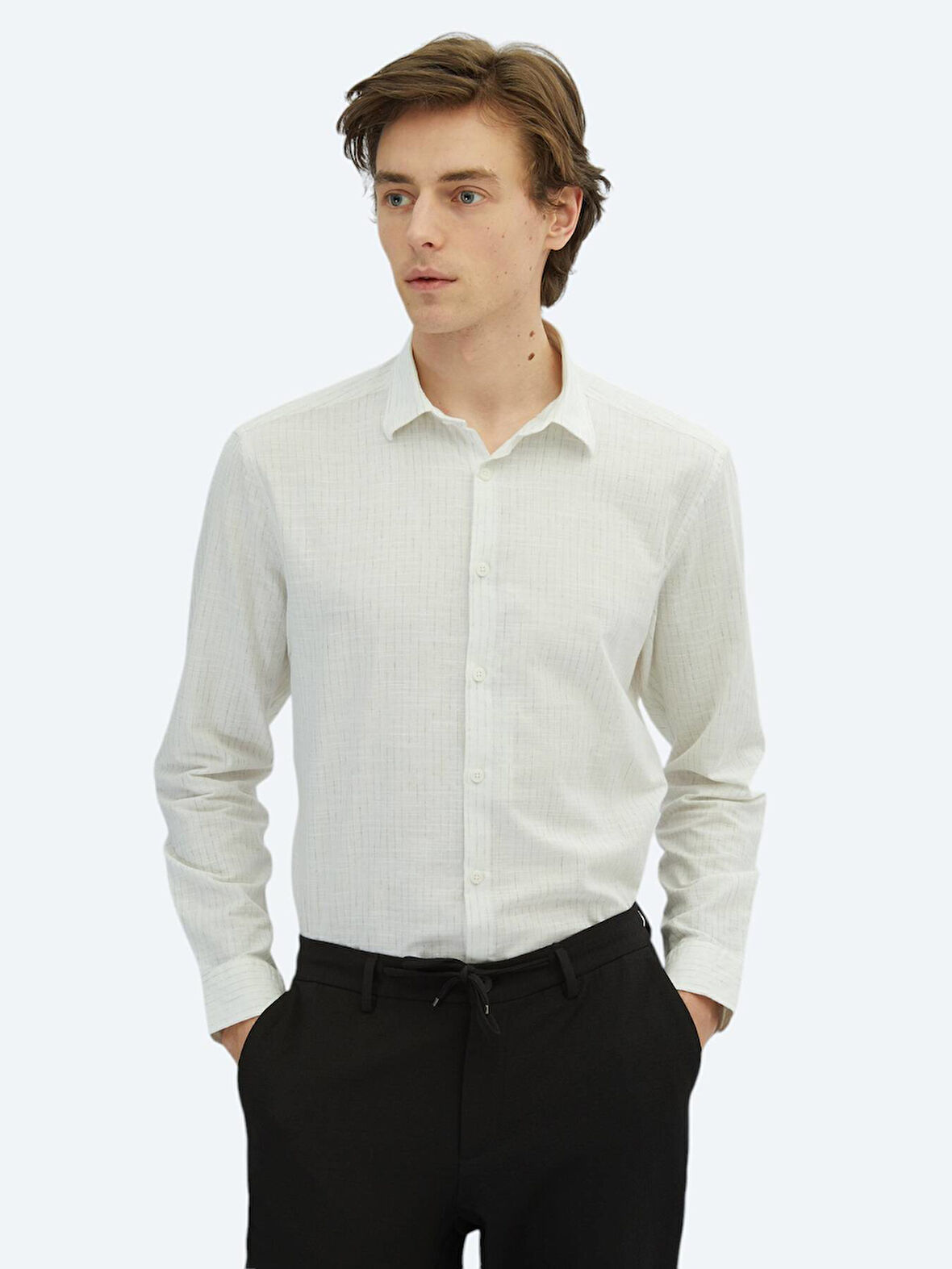 Haki Çizgili Regular Fit Dokuma Casual %100 Pamuk Gömlek