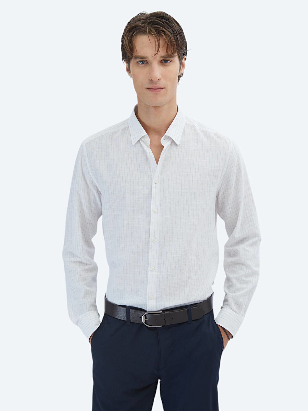 Mavi Çizgili Regular Fit Dokuma Casual %100 Pamuk Gömlek