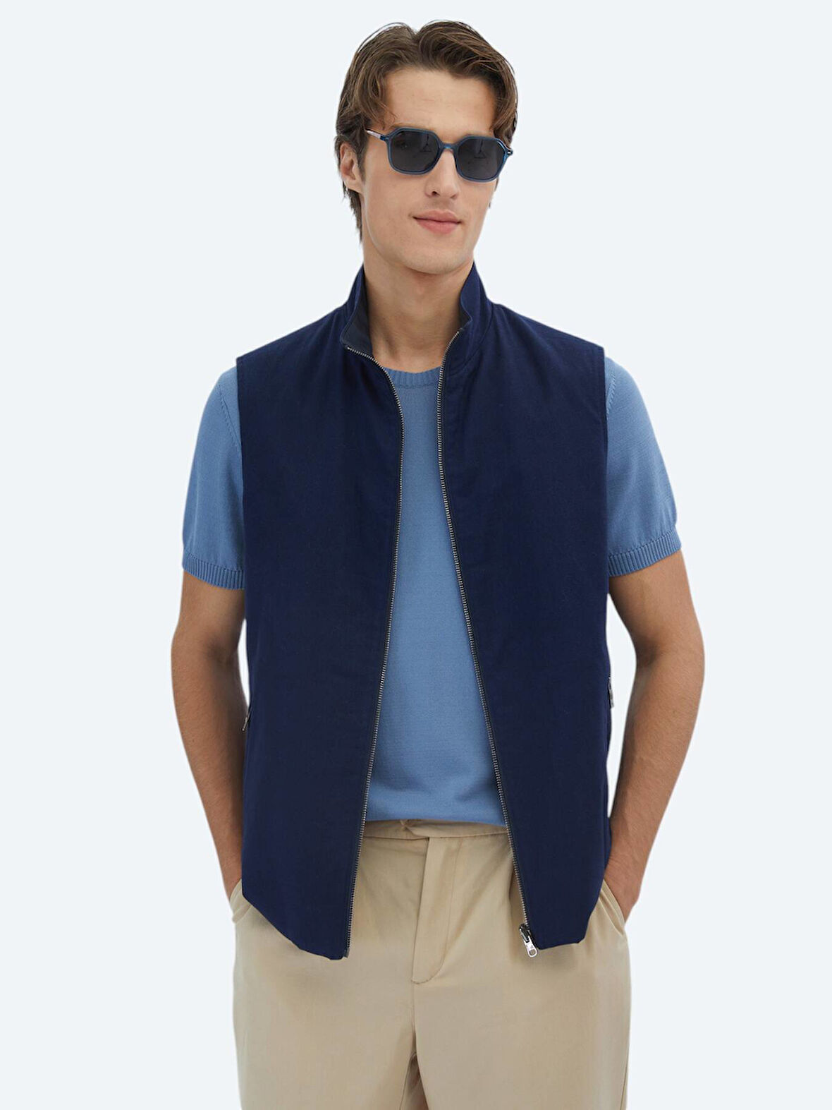 Lacivert Regular Fit Dik Yaka Casual Dokuma Spor Yelek