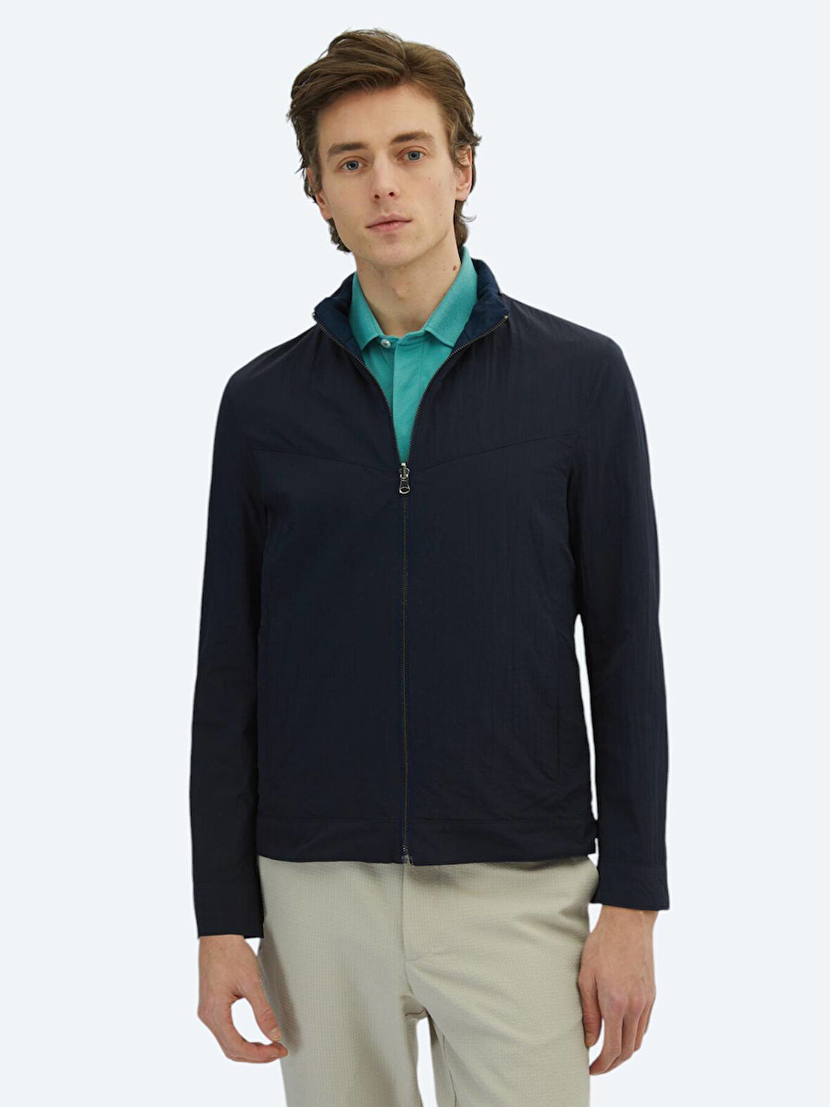 Lacivert Regular Fit Gizli Kapüşon Casual Dokuma Çift Taraflı Mont