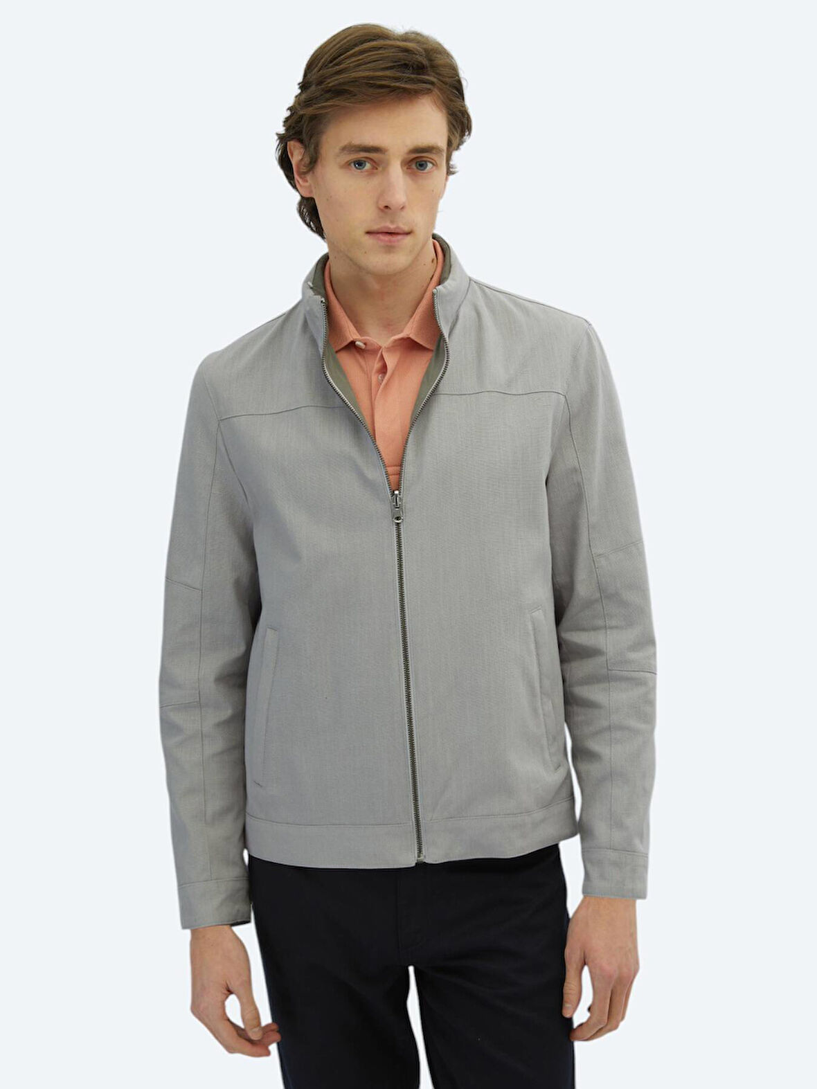 Gri Regular Fit Gizli Kapüşon Casual Dokuma Çift Taraflı Mont