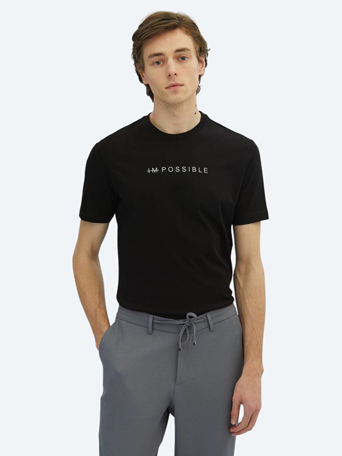 Siyah Baskılı Bisiklet Yaka %100 Pamuk T-Shirt