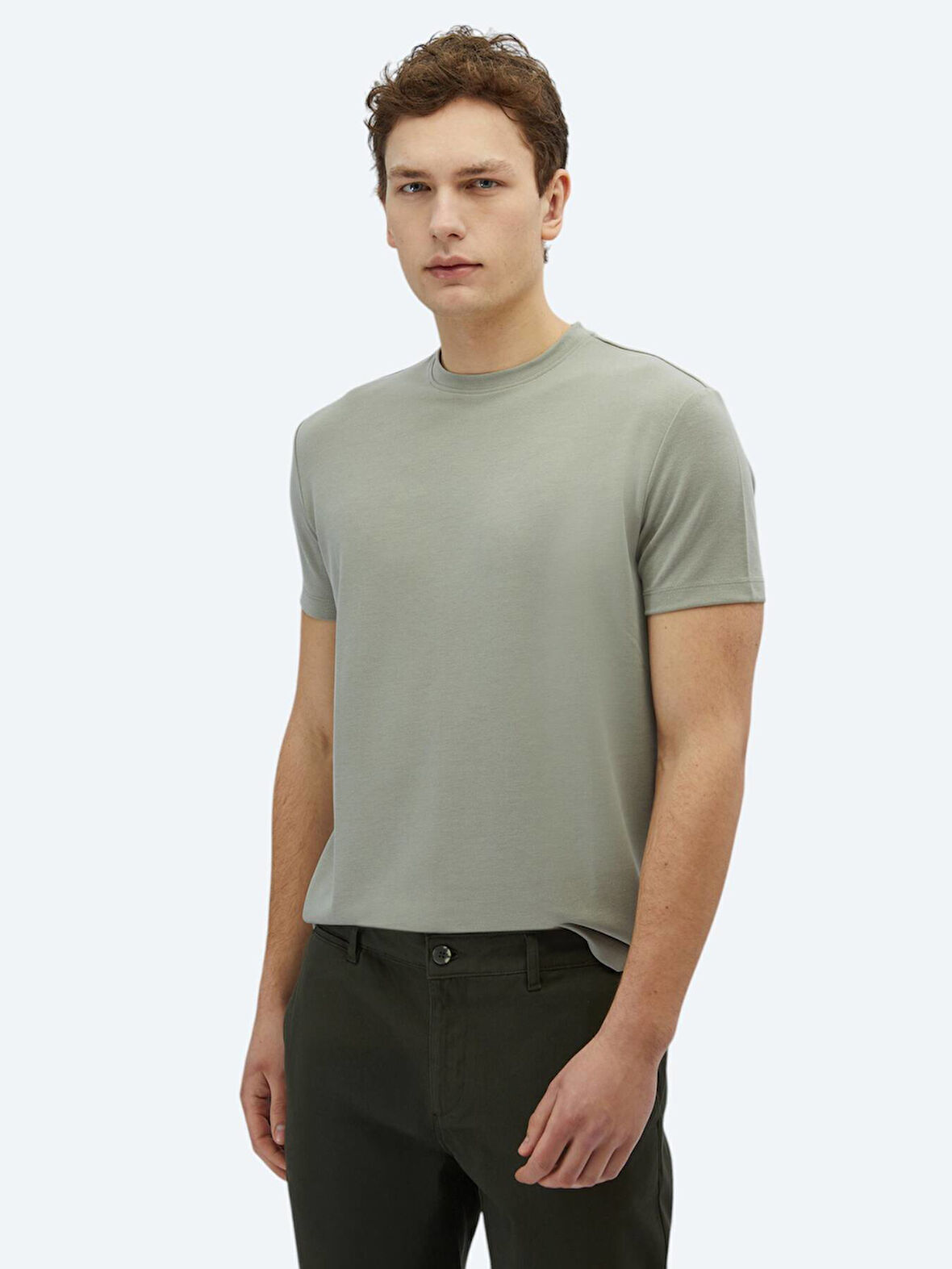 Haki Düz Bisiklet Yaka T-Shirt