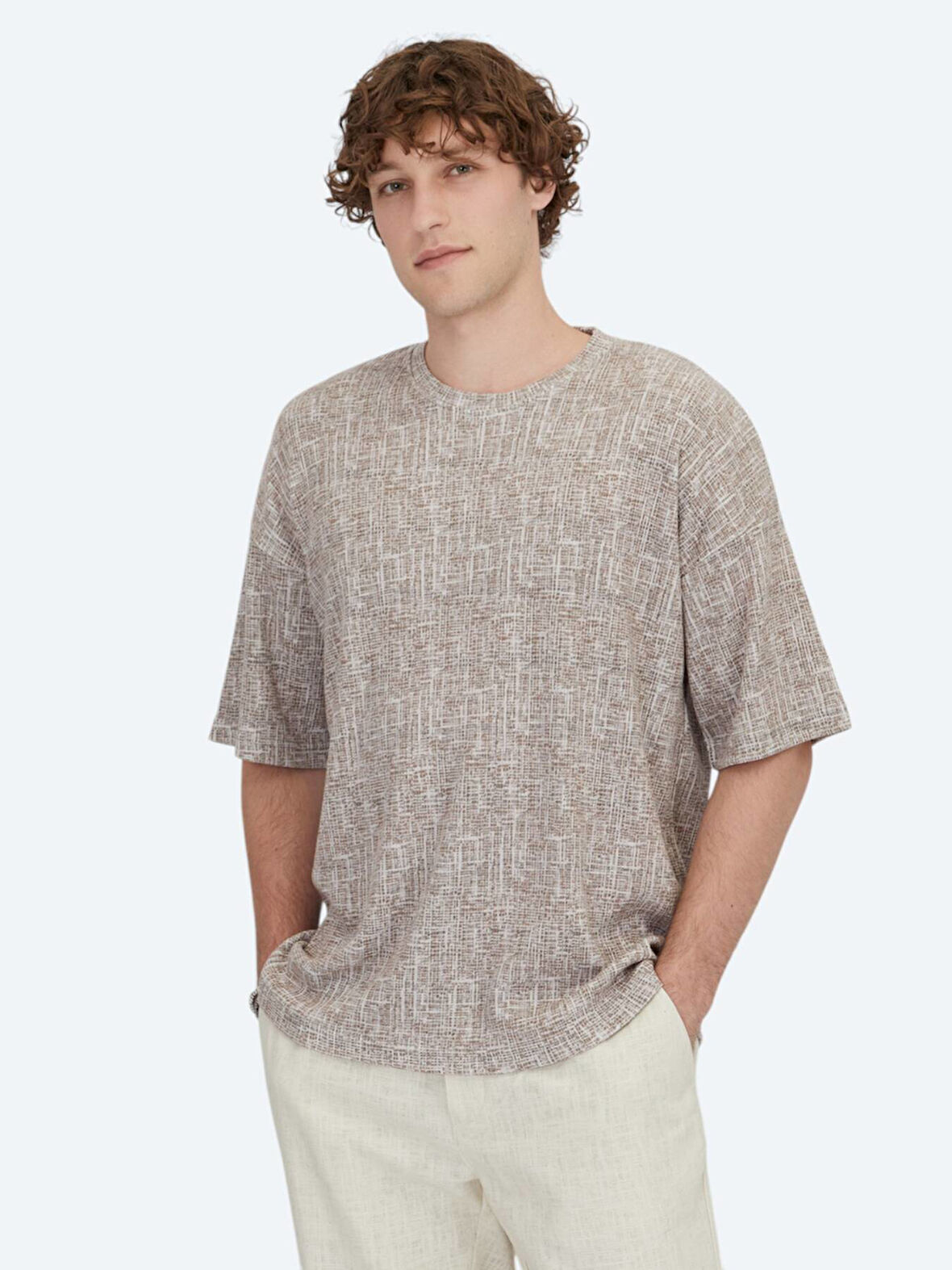 Antrasit Baskılı Bisiklet Yaka Pamuk Karışımlı T-Shirt