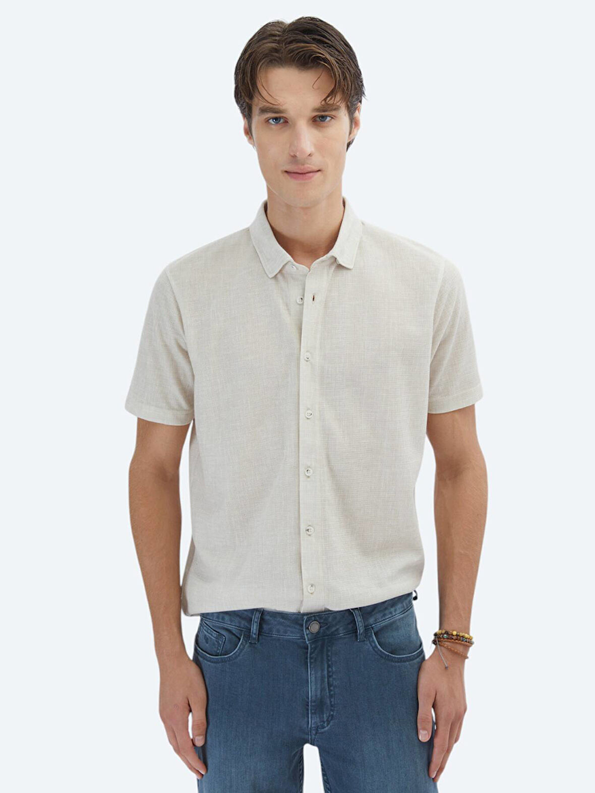 Bej Desenli Regular Fit Casual Gömlek