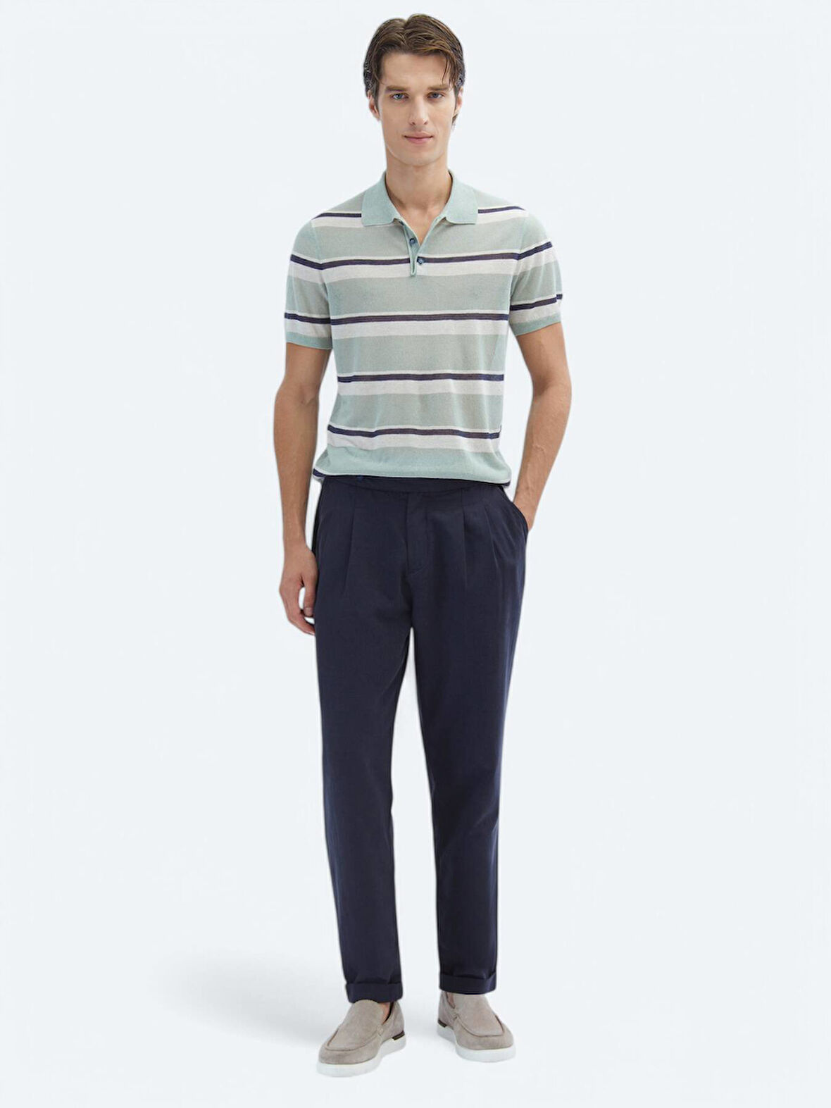 Lacivert Dokuma Carrot Fit Casual Pamuk Karışımlı Pantolon