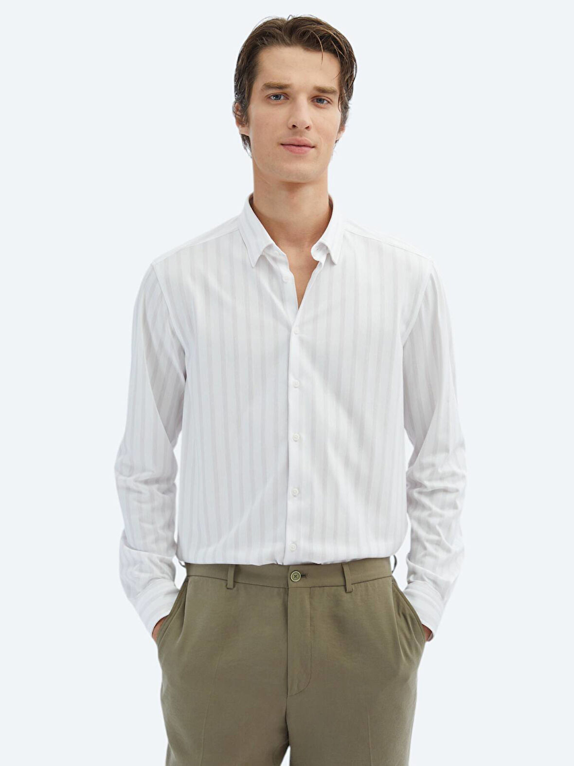 Açık Bej Çizgili Regular Fit Casual Pamuk Karışımlı Gömlek