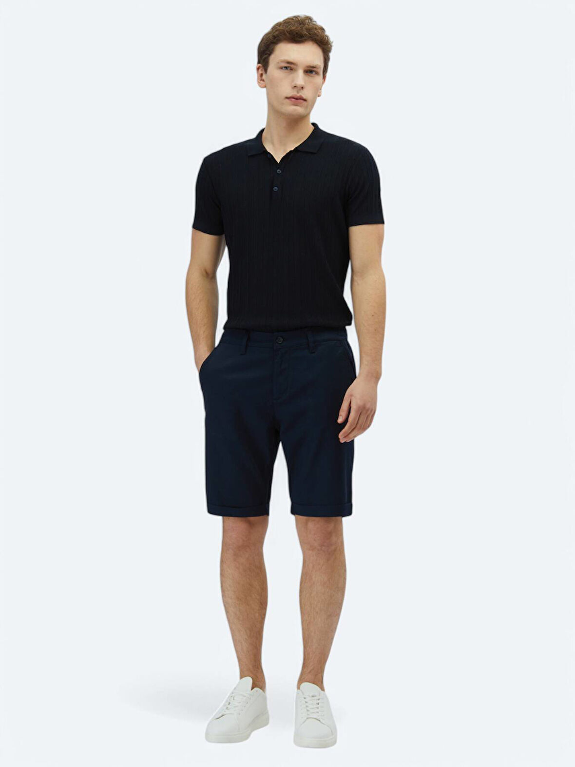 Lacivert Düz Dokuma Slim Fit Casual Pamuk Karışımlı Bermuda