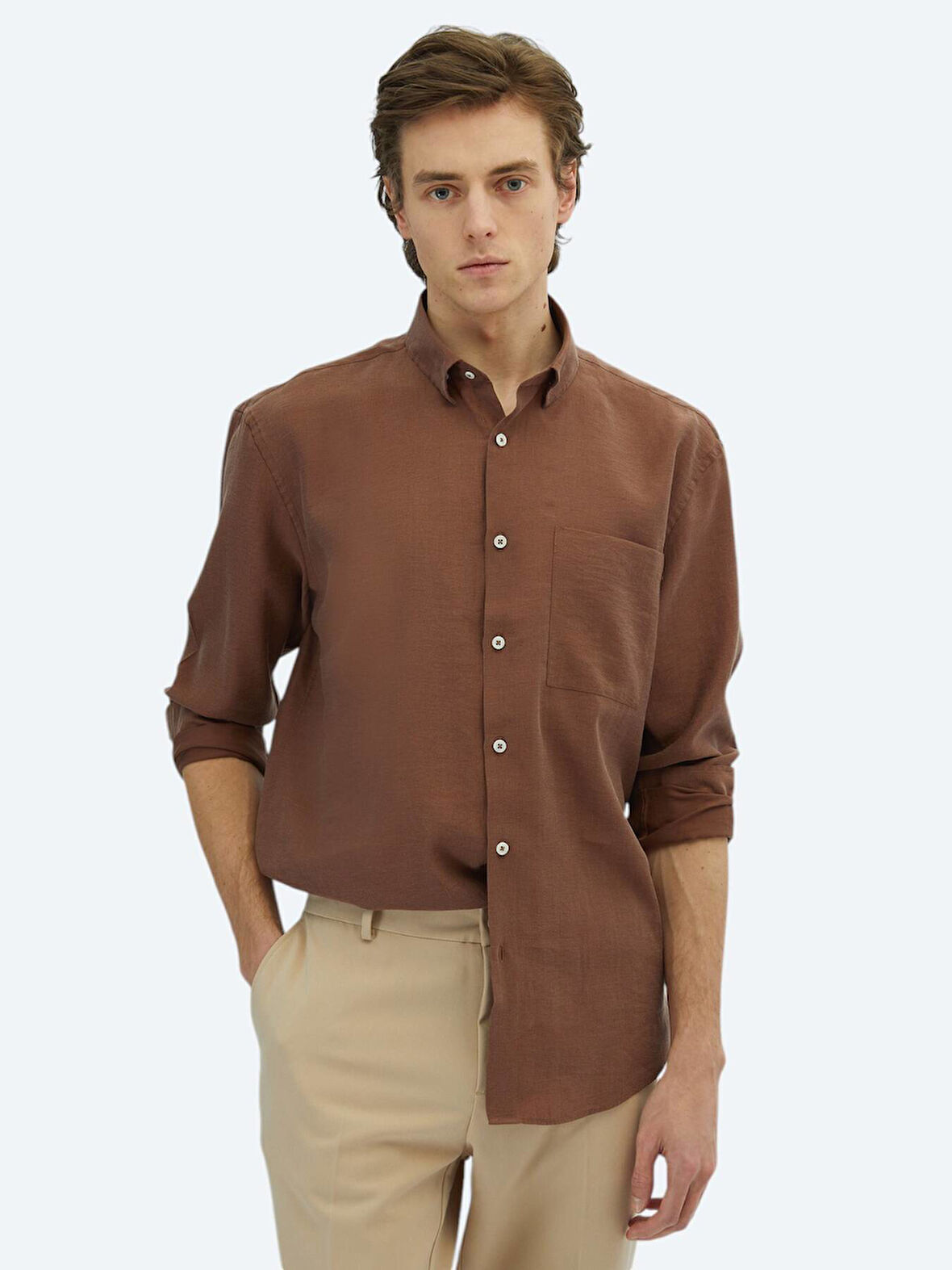 Kahverengi Düz Oversize Fit Dokuma Casual Gömlek