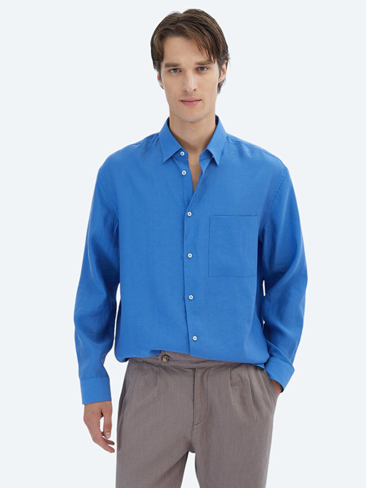 Saks Düz Oversize Fit Dokuma Casual Gömlek