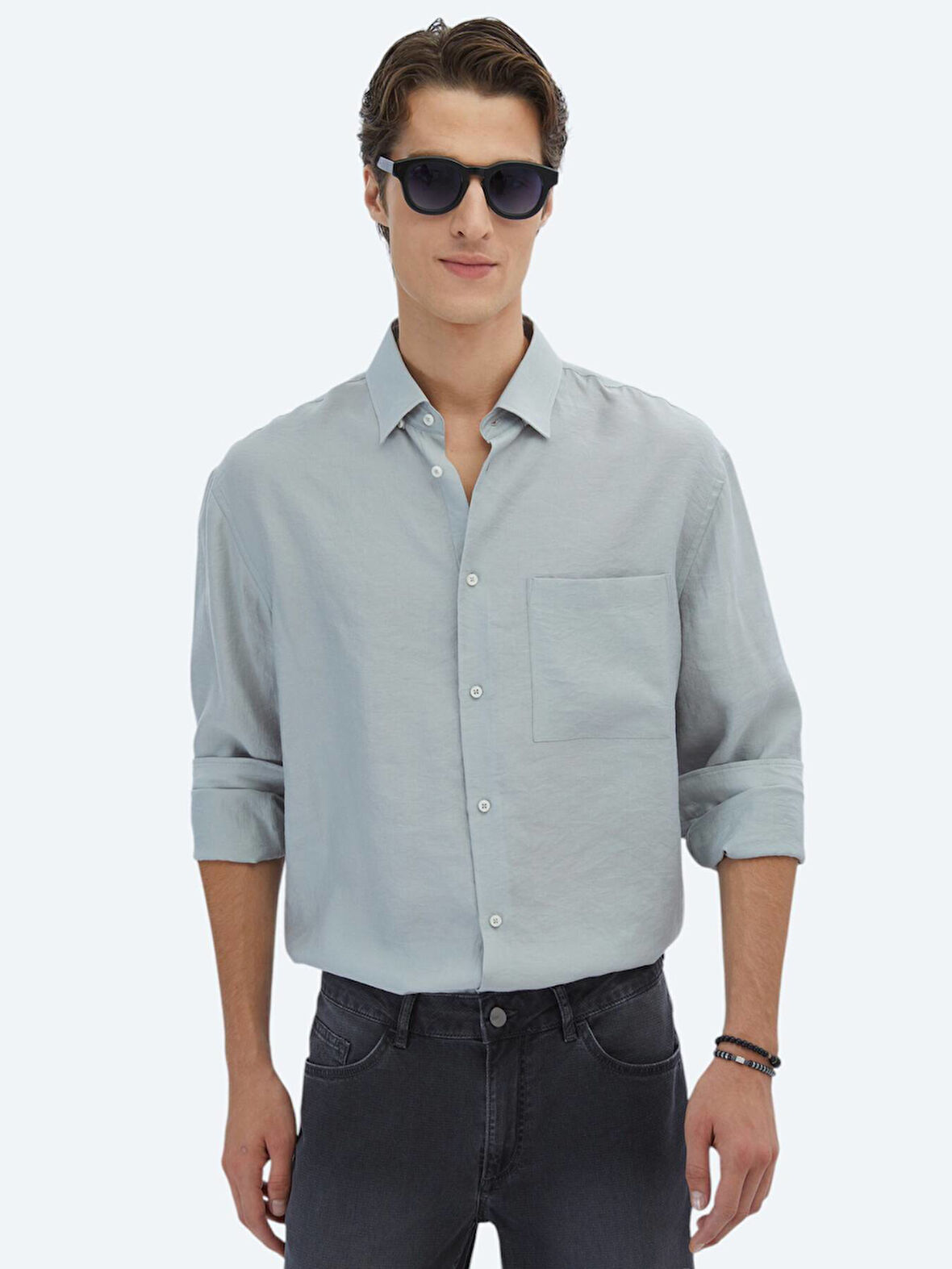 Gri Düz Oversize Fit Dokuma Casual Gömlek