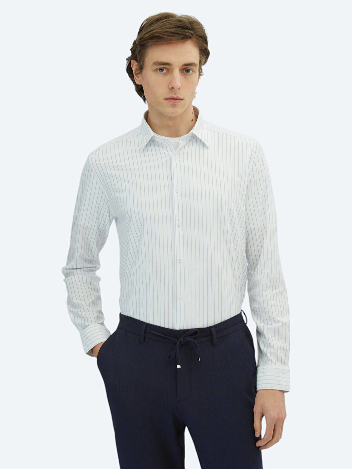 Mavi Çizgili Regular Fit Casual Pamuk Karışımlı Gömlek