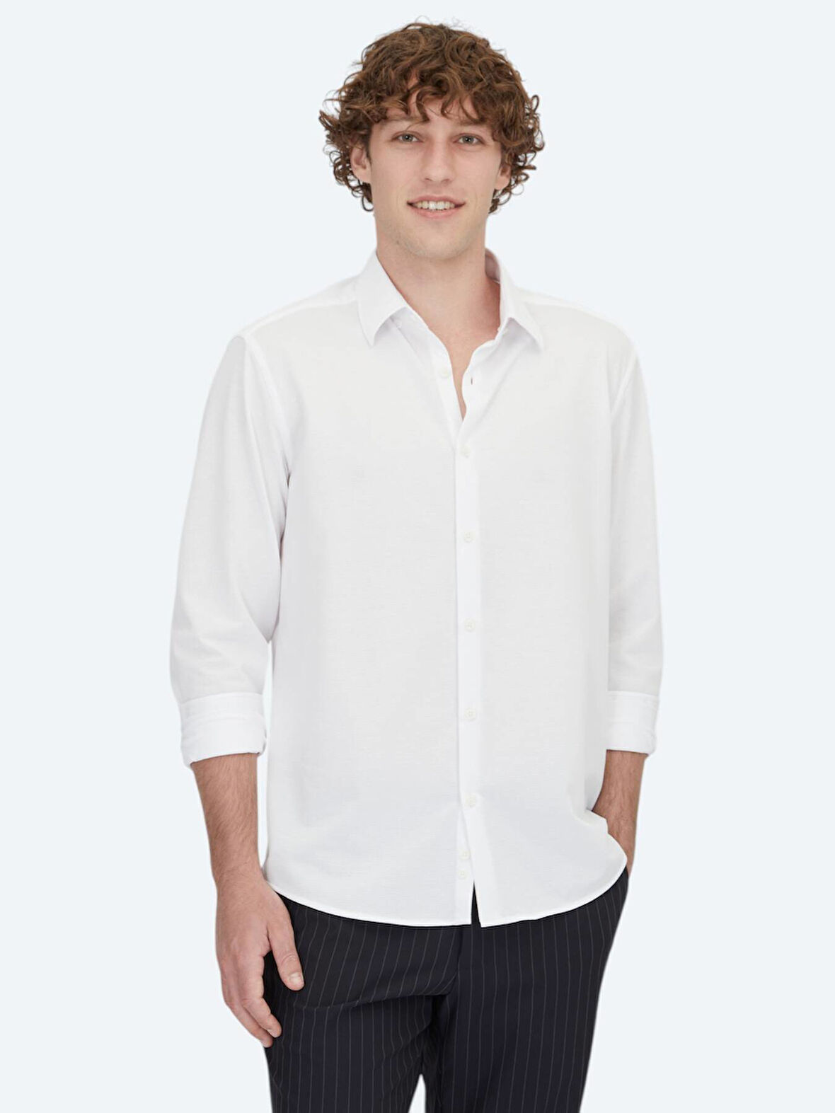 Beyaz Çizgili Regular Fit Casual Pamuk Karışımlı Gömlek