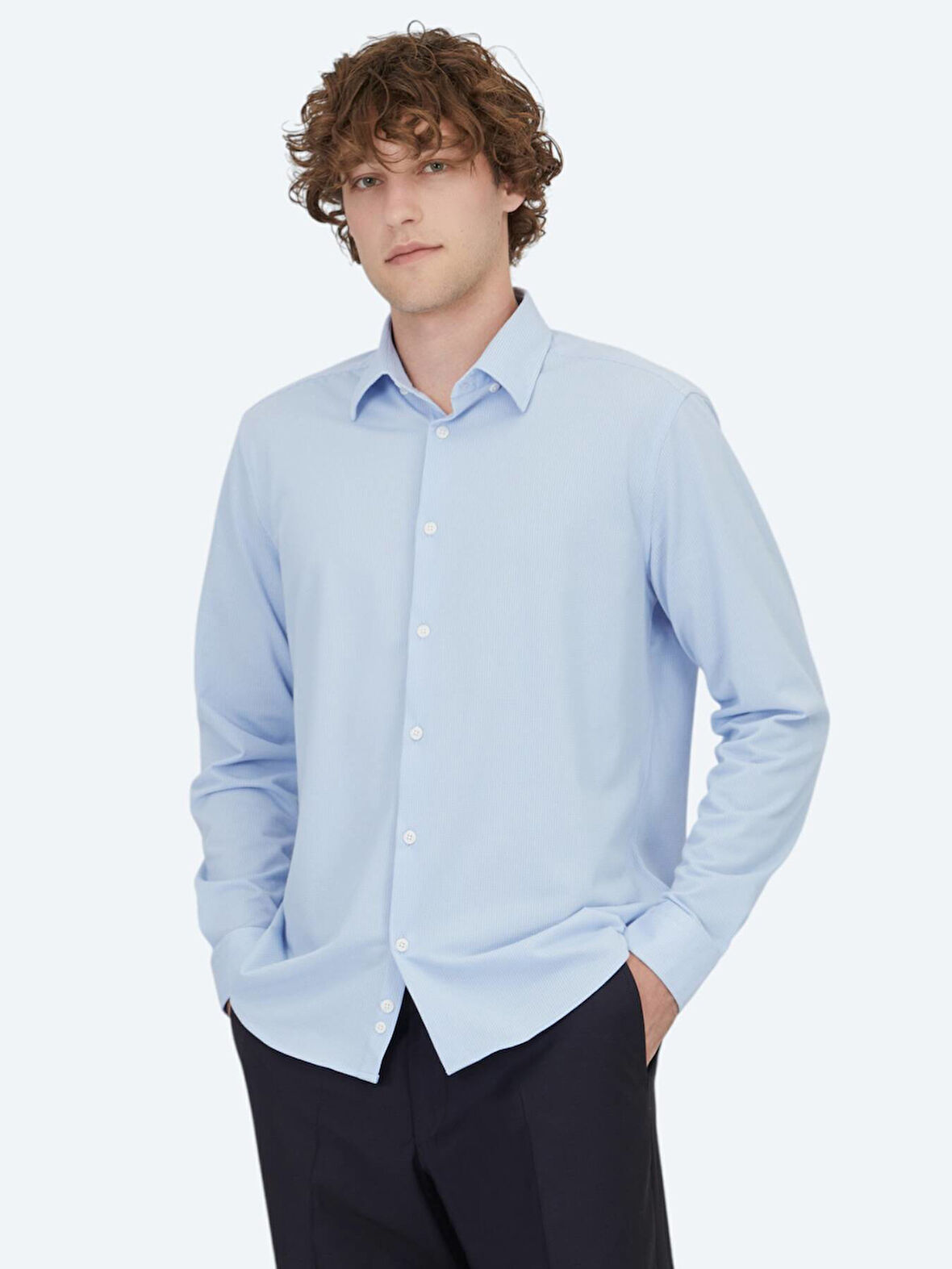 Açık Mavi Çizgili Regular Fit Casual Pamuk Karışımlı Gömlek