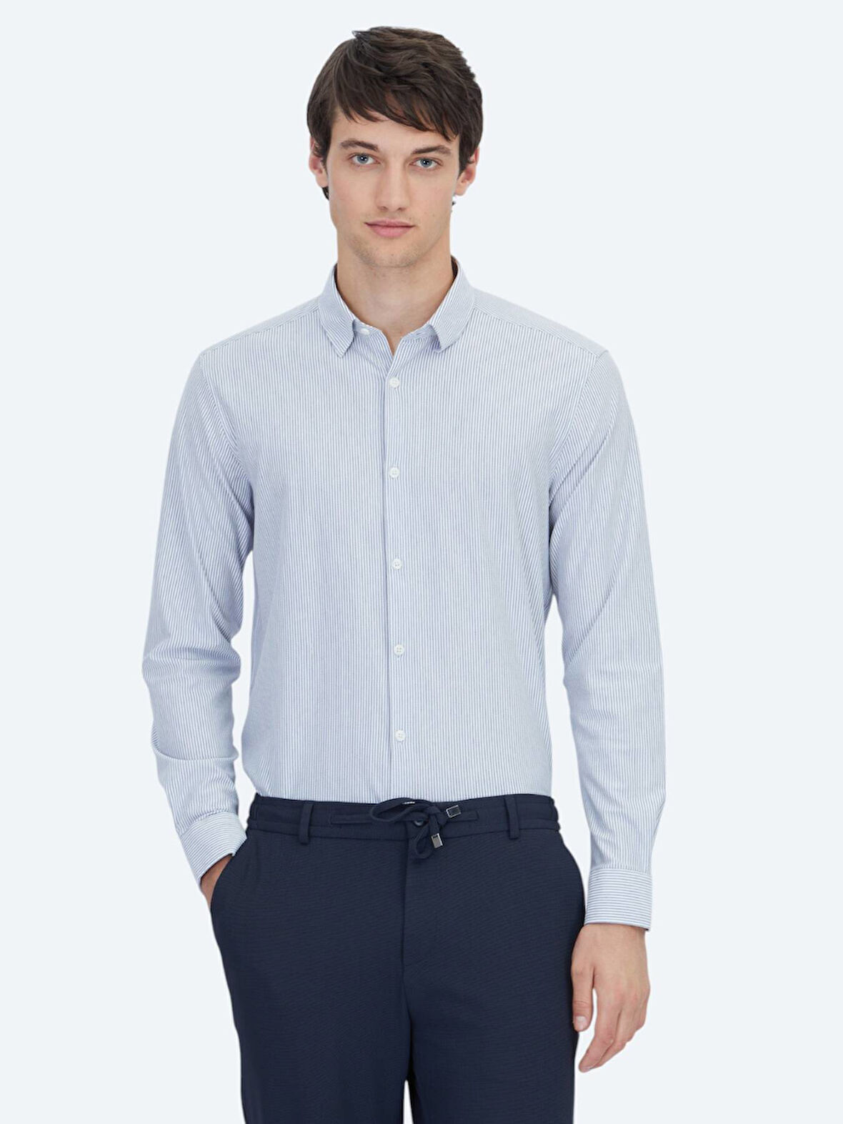 Mavi Çizgili Regular Fit Casual Pamuk Karışımlı Gömlek