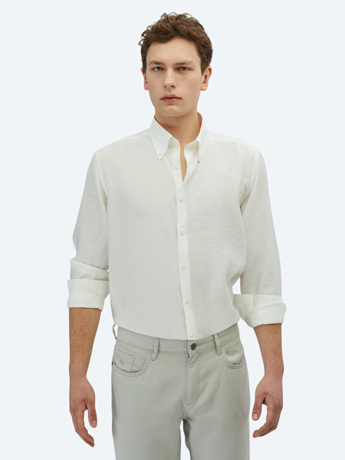 Beyaz Regular Fit Dokuma Casual Gömlek