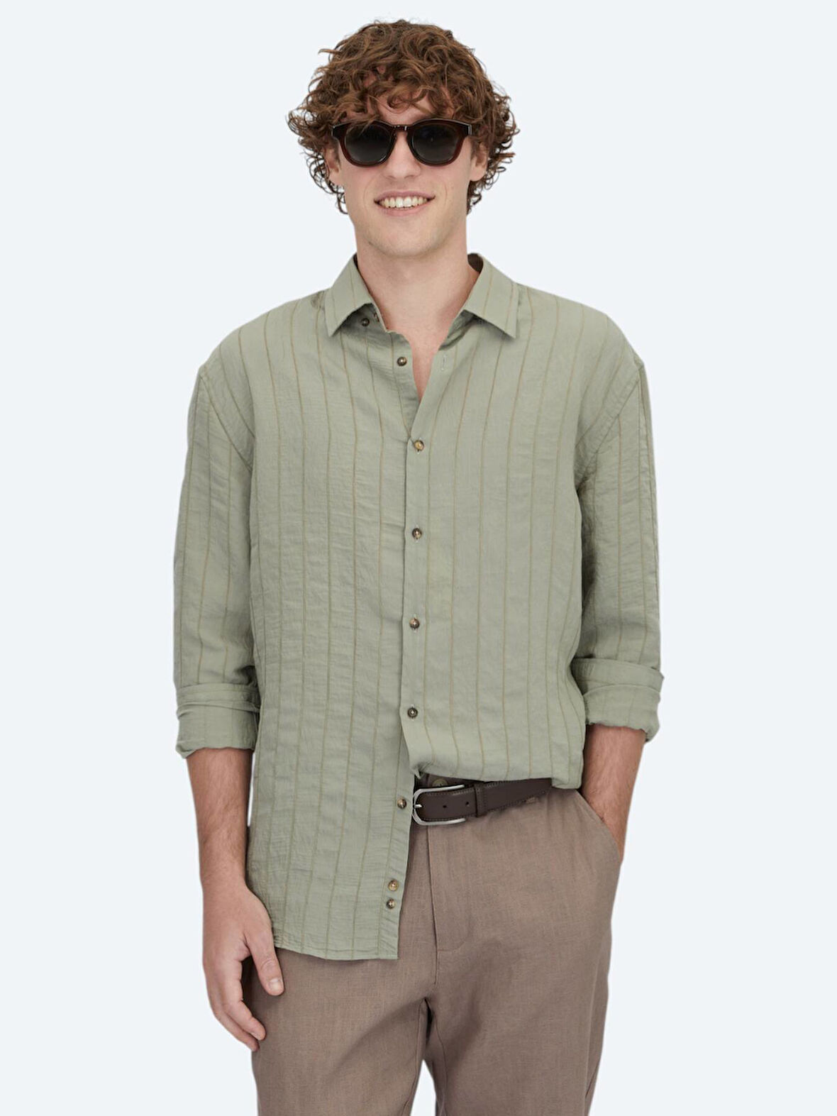 Haki Oversize Fit Dokuma Casual Gömlek