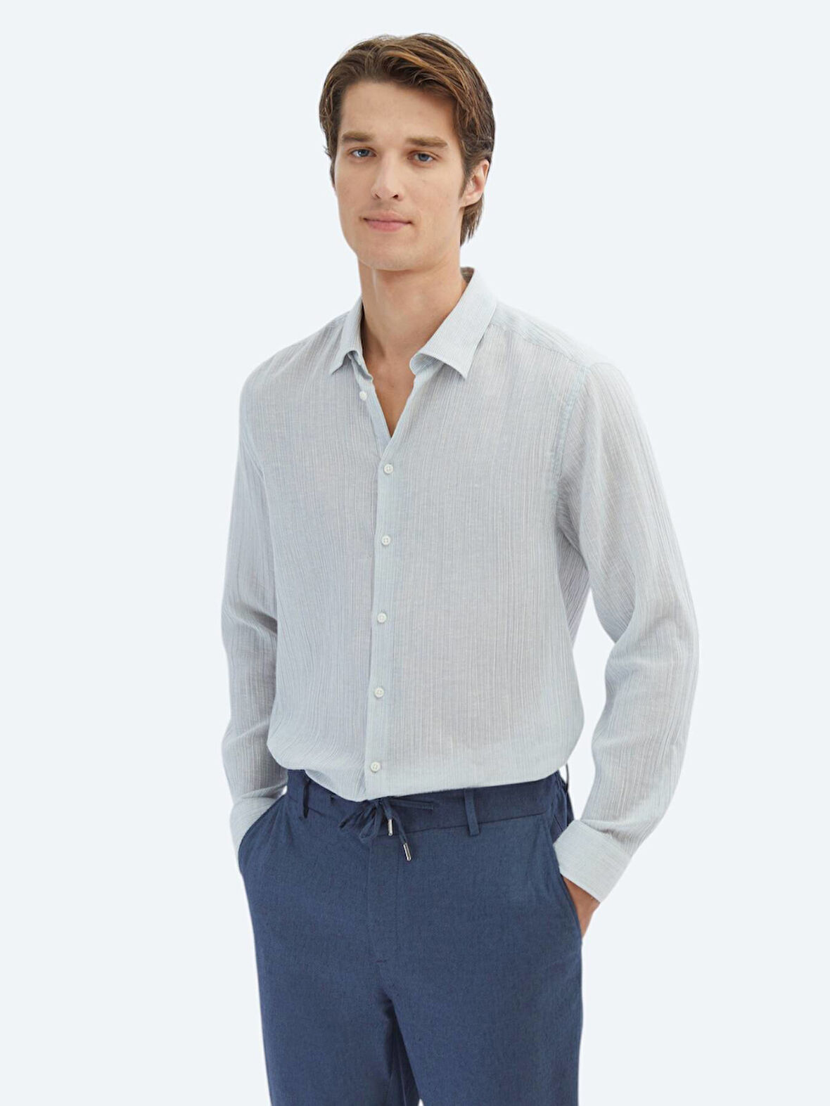 Mavi Çizgili Regular Fit Dokuma Casual Pamuk Karışımlı Gömlek