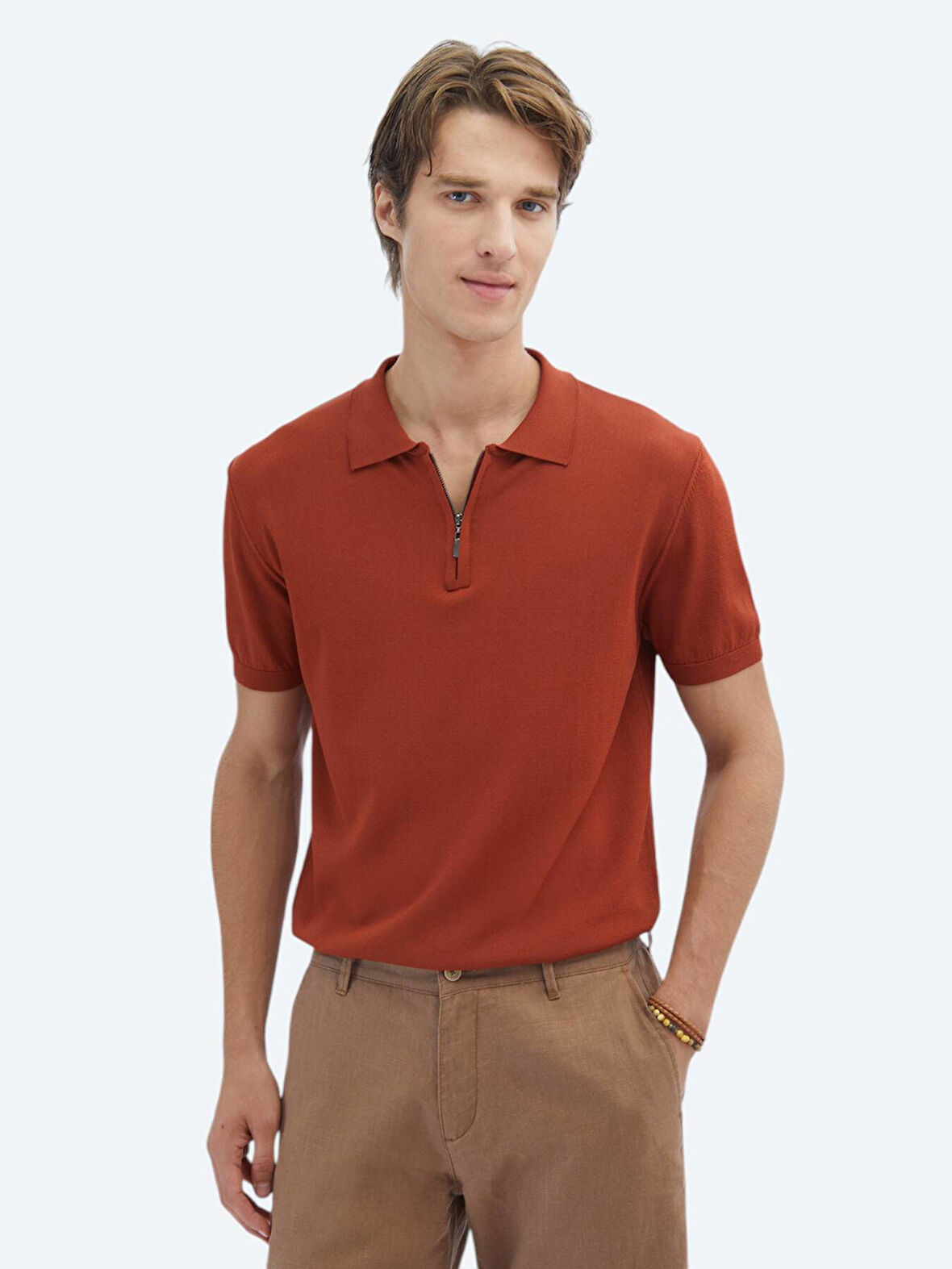 Kiremit Polo Yaka Düz Örgü Triko