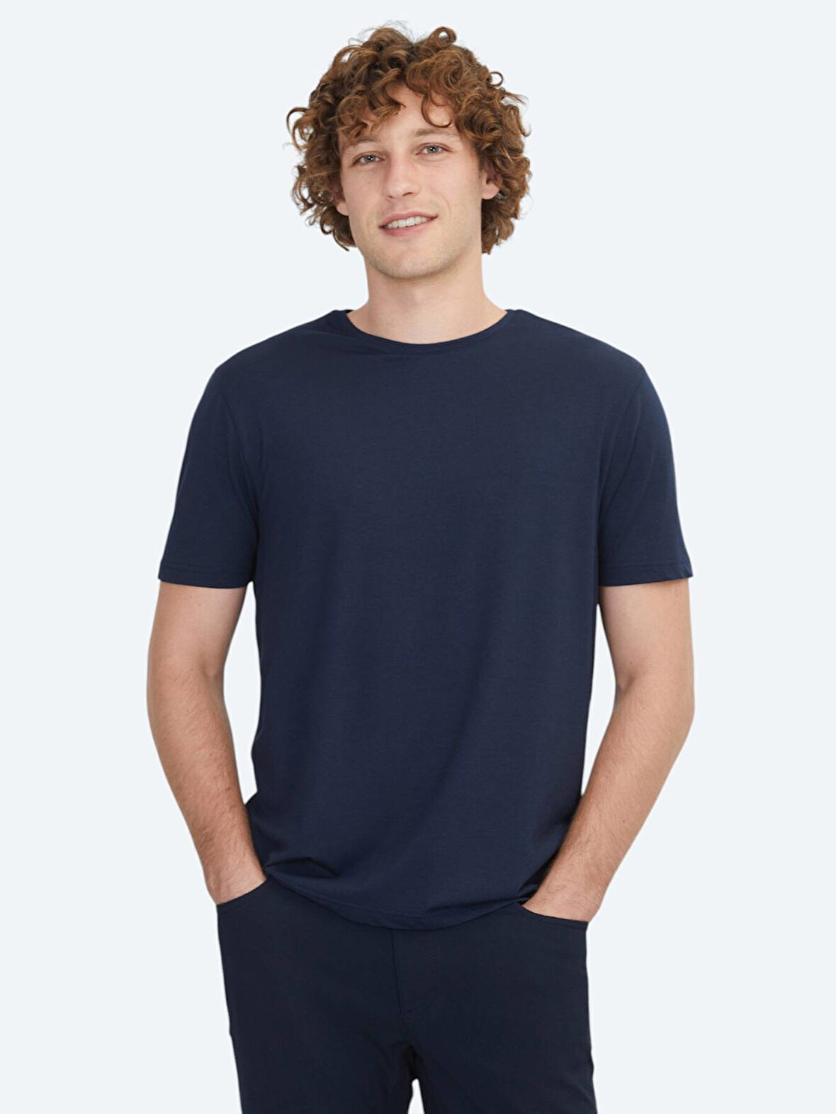 Lacivert Düz Bisiklet Yaka Pamuk Karışımlı T-Shirt