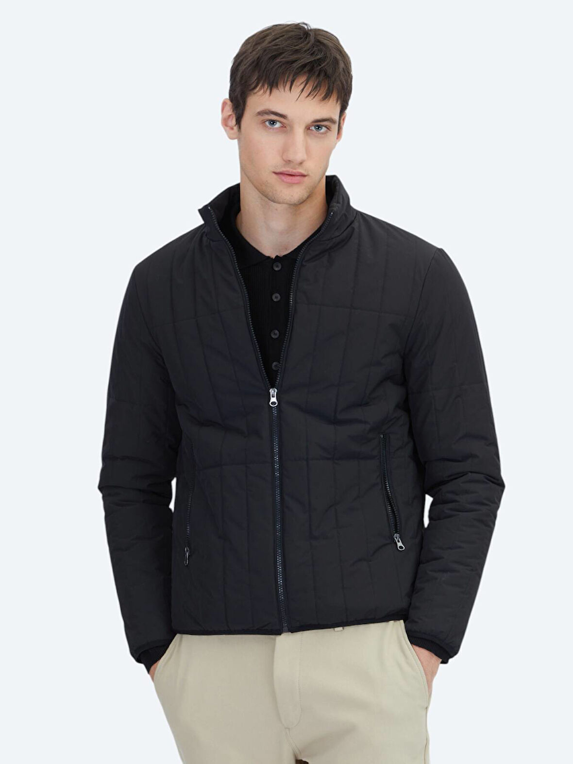 Siyah Regular Fit Dik Yaka Casual Dokuma Mont