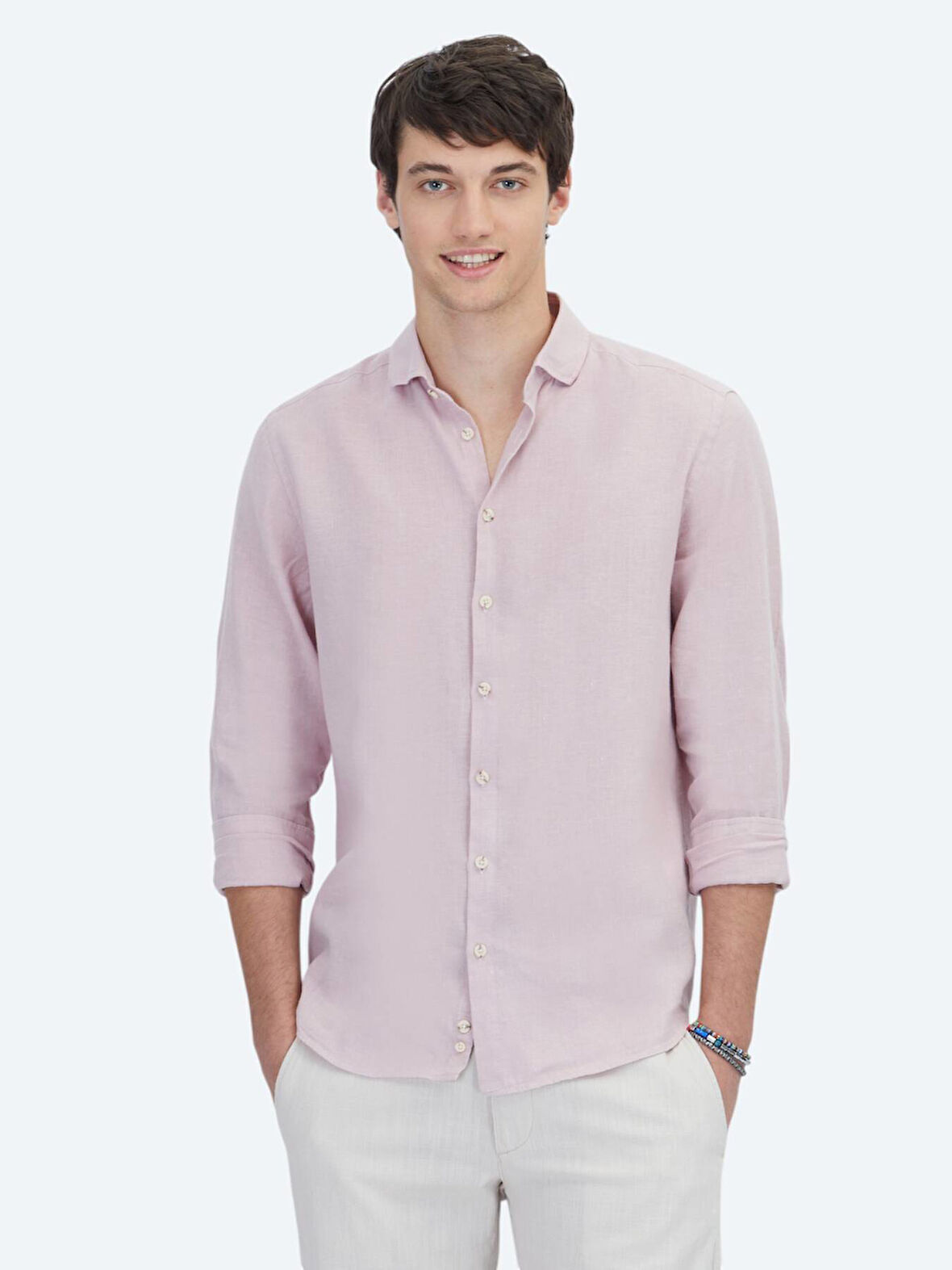 Pembe Düz Regular Fit Dokuma Casual Pamuk Karışımlı Gömlek