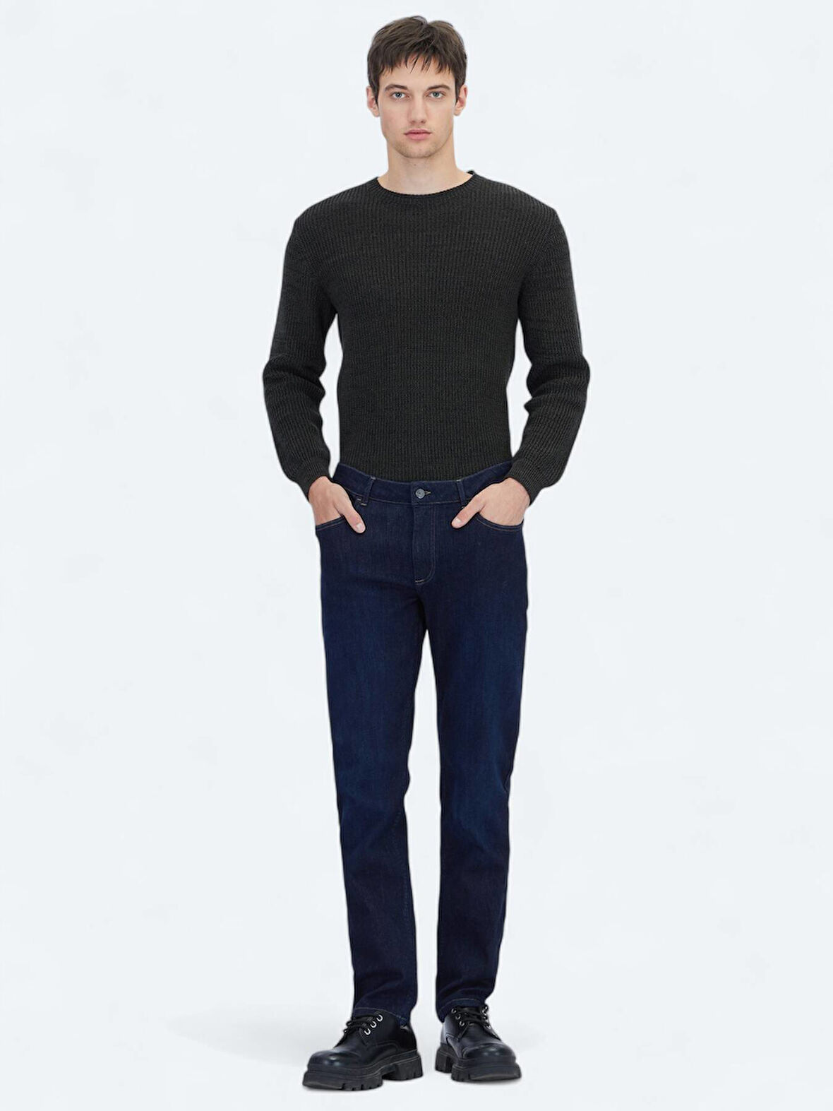 Lacivert Düz Slim Fit Denim Pamuk Karışımlı Pantolon