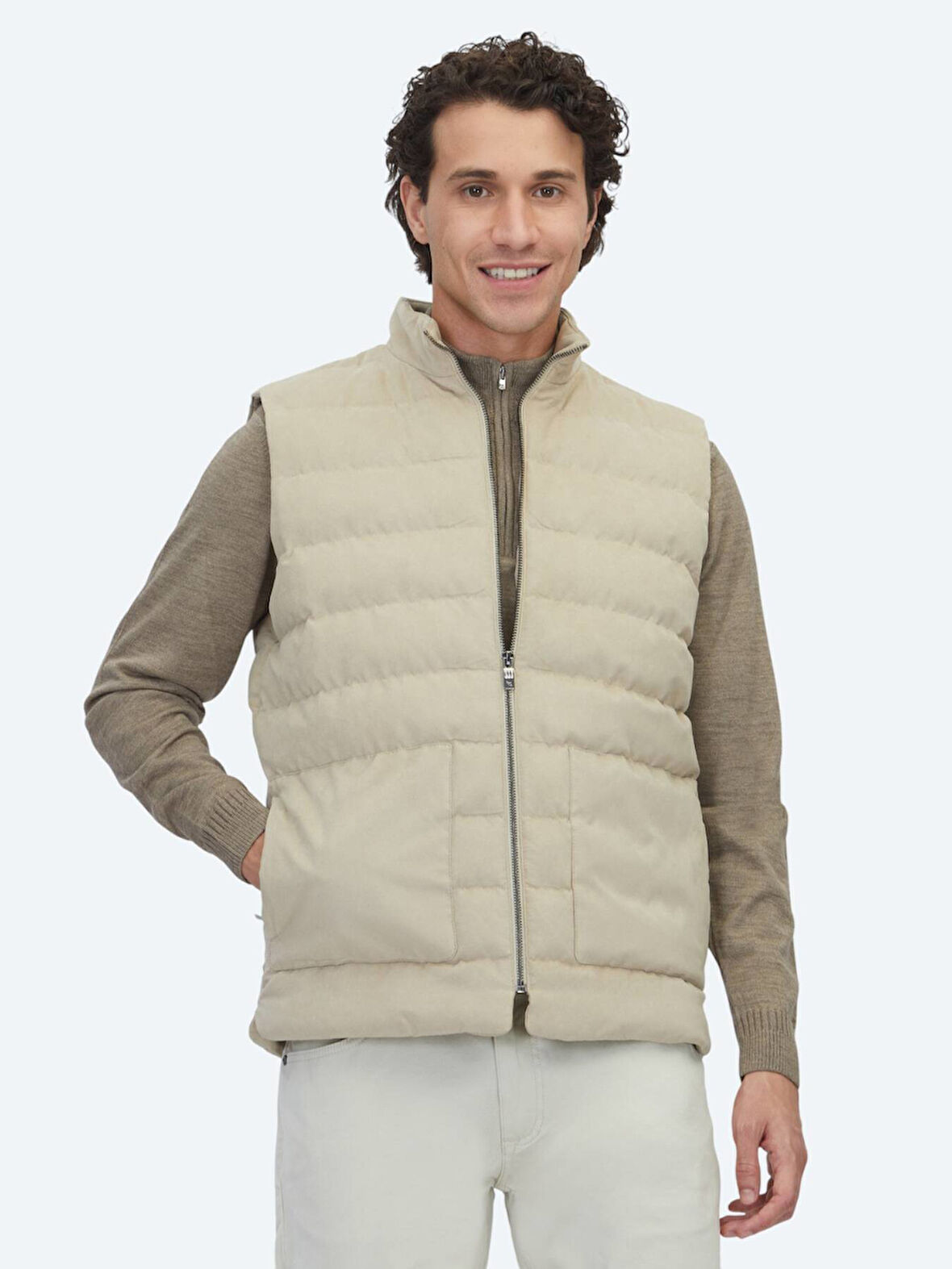 Bej Regular Fit Dik Yaka Casual Dokuma Spor Yelek