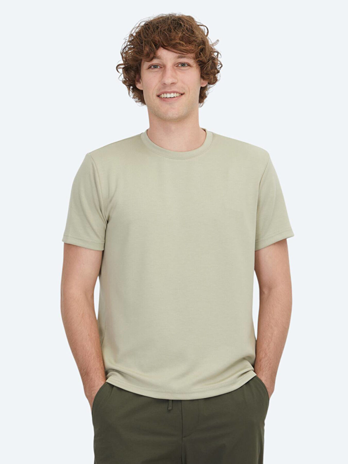 Açık Haki Düz Bisiklet Yaka T-Shirt