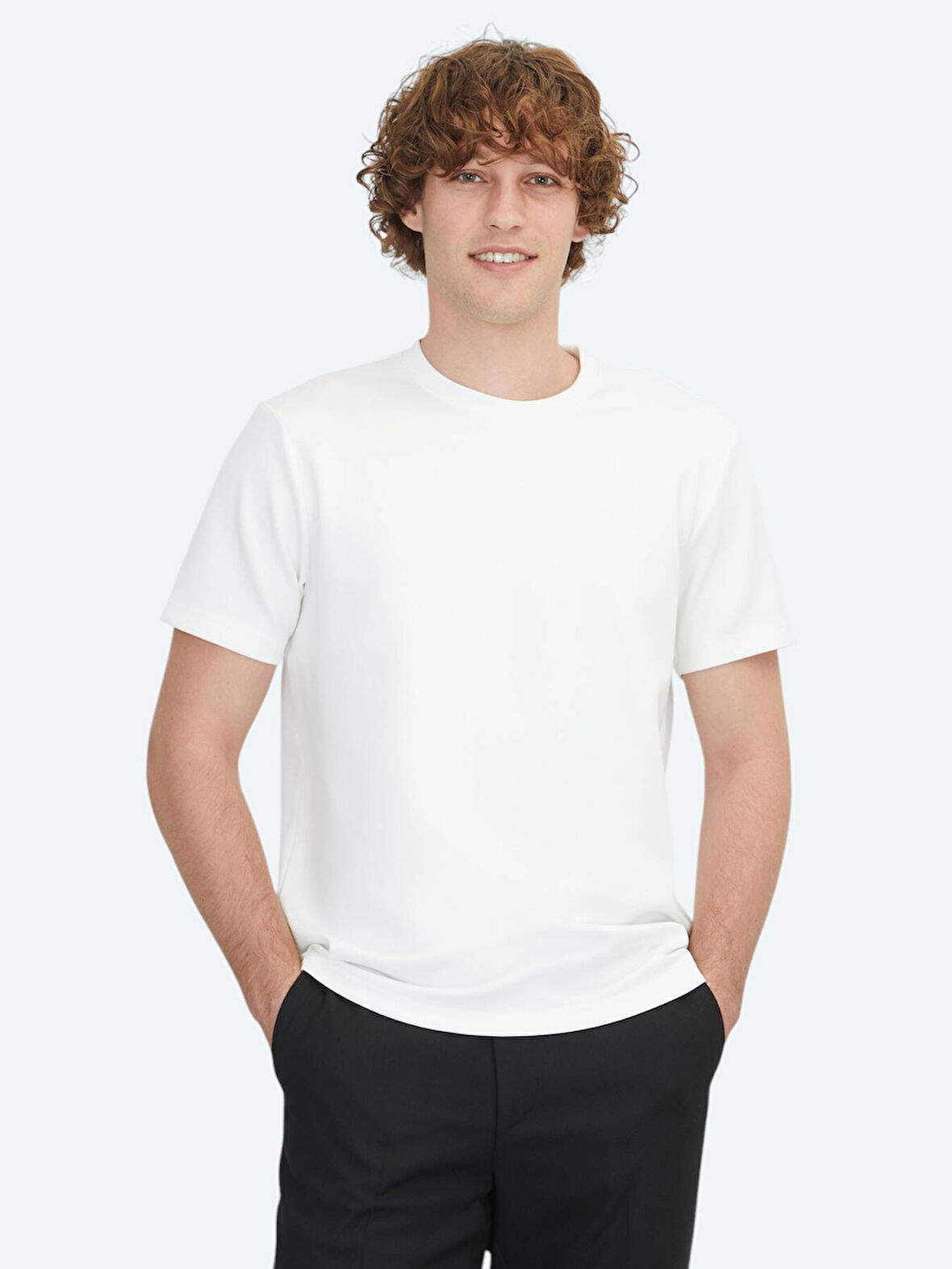 Ekru Düz Bisiklet Yaka T-Shirt