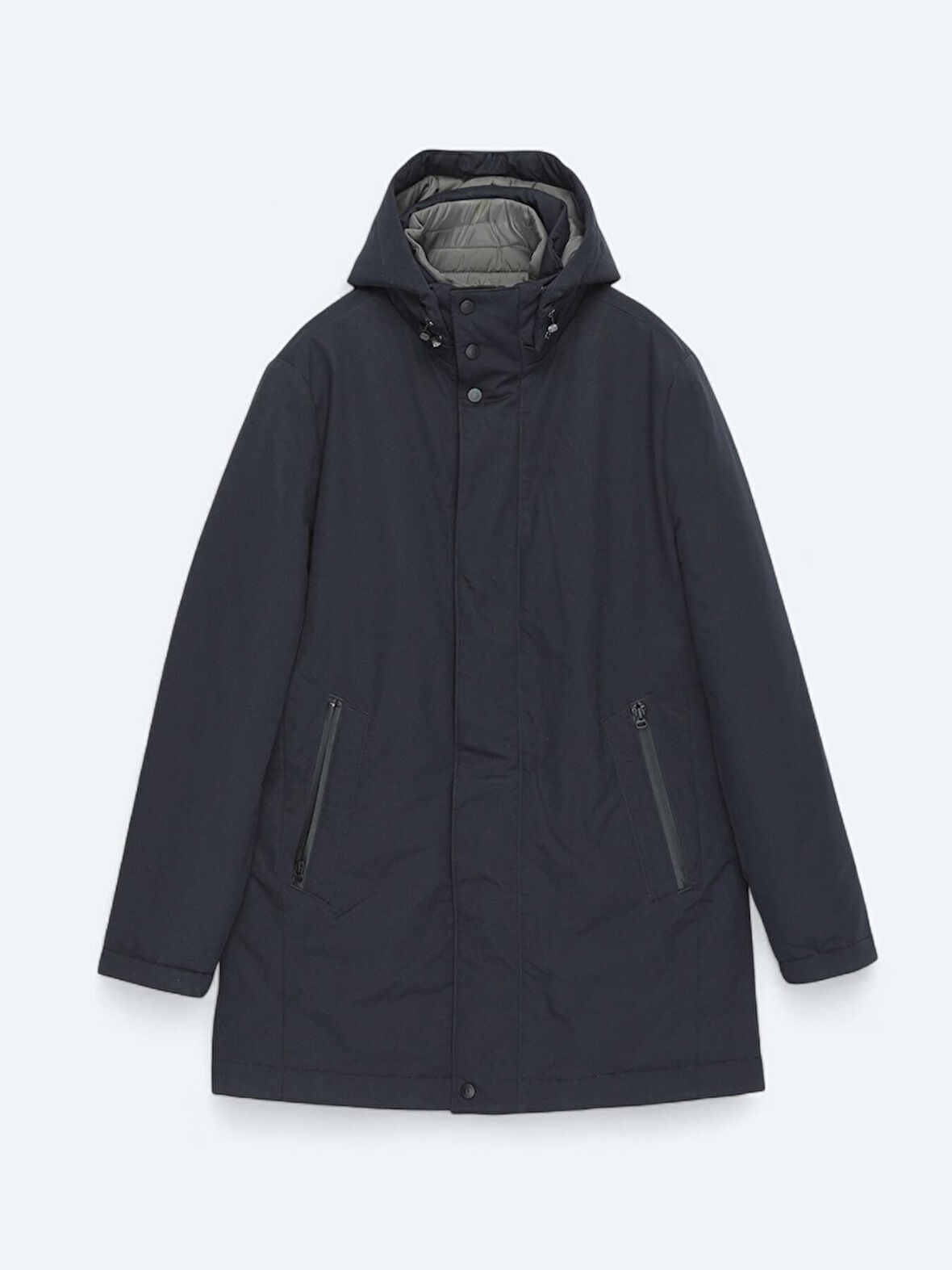 Lacivert Kapüşonlu Casual Dokuma Kaban