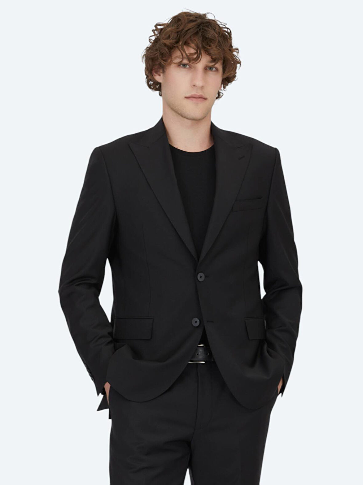 Siyah Düz Modern Fit Yün Karışımlı Takım Elbise