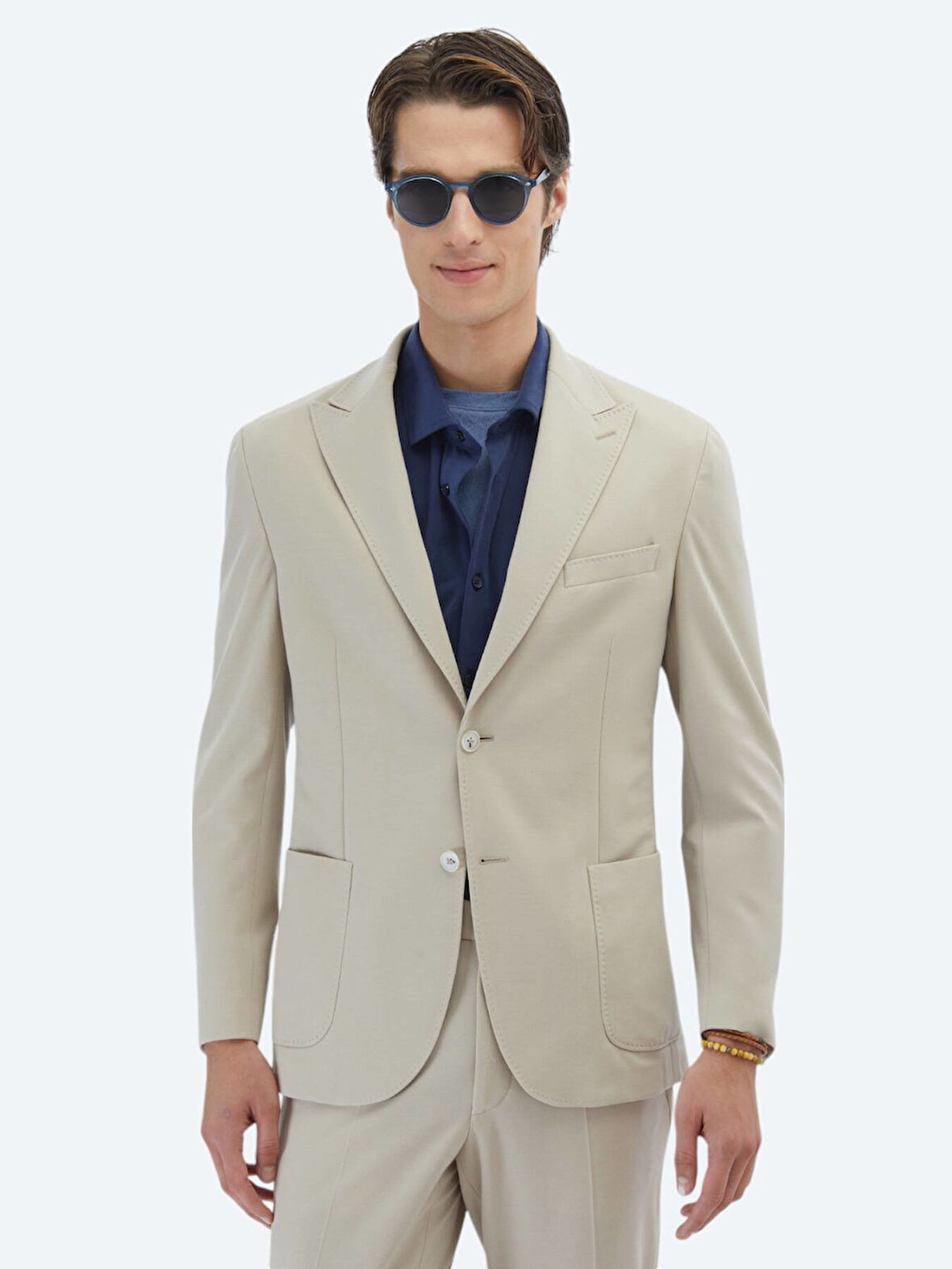 Bej Düz Modern Fit %100 Pamuk Örme Takım Elbise