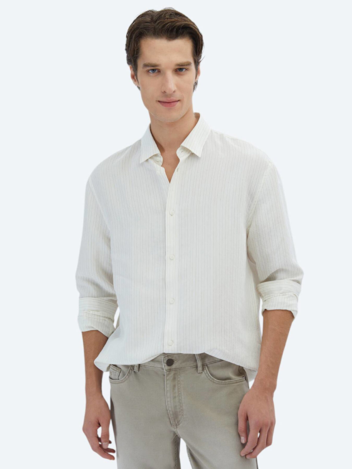 Safran Çizgili Oversize Fit Dokuma Casual Gömlek