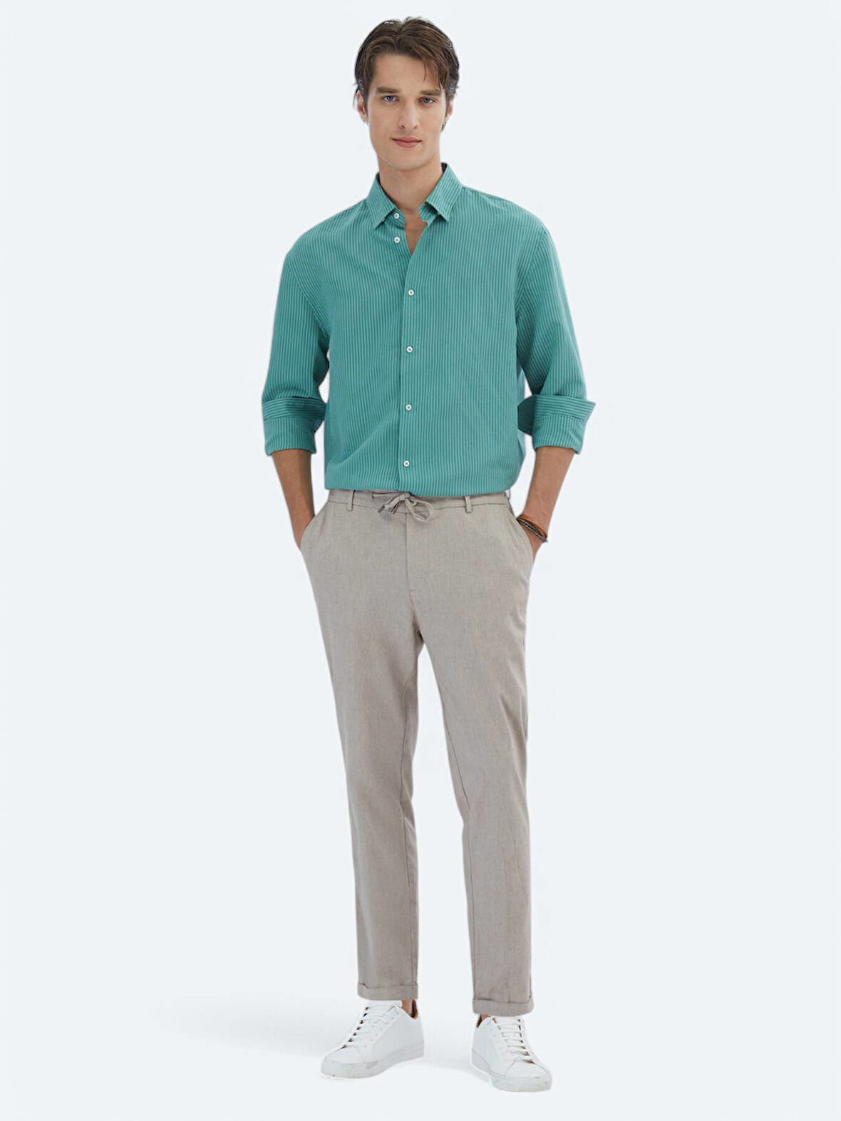 Nil Yeşili Oversize Fit Dokuma Casual Gömlek